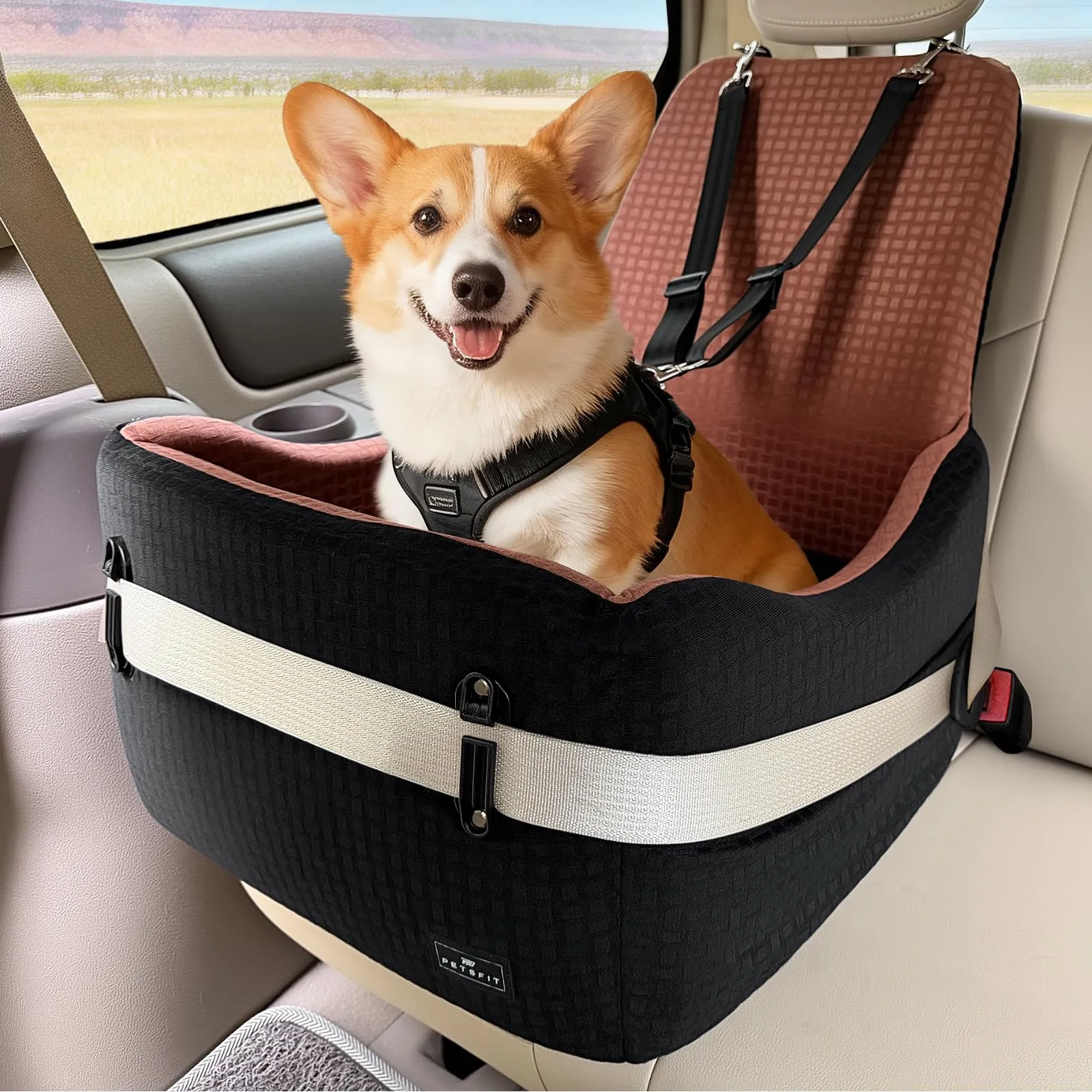 PETSFIT Seggiolino Auto per Cani di Taglia Piccola/Media fino a 15 kg – Sistema di Sicurezza Brevettato, Rialzo con Memory Foam da 13 cm, Sfoderabile e Lavabile, 2 Tasche Portaoggetti (Nero & Marrone) - immagine 1