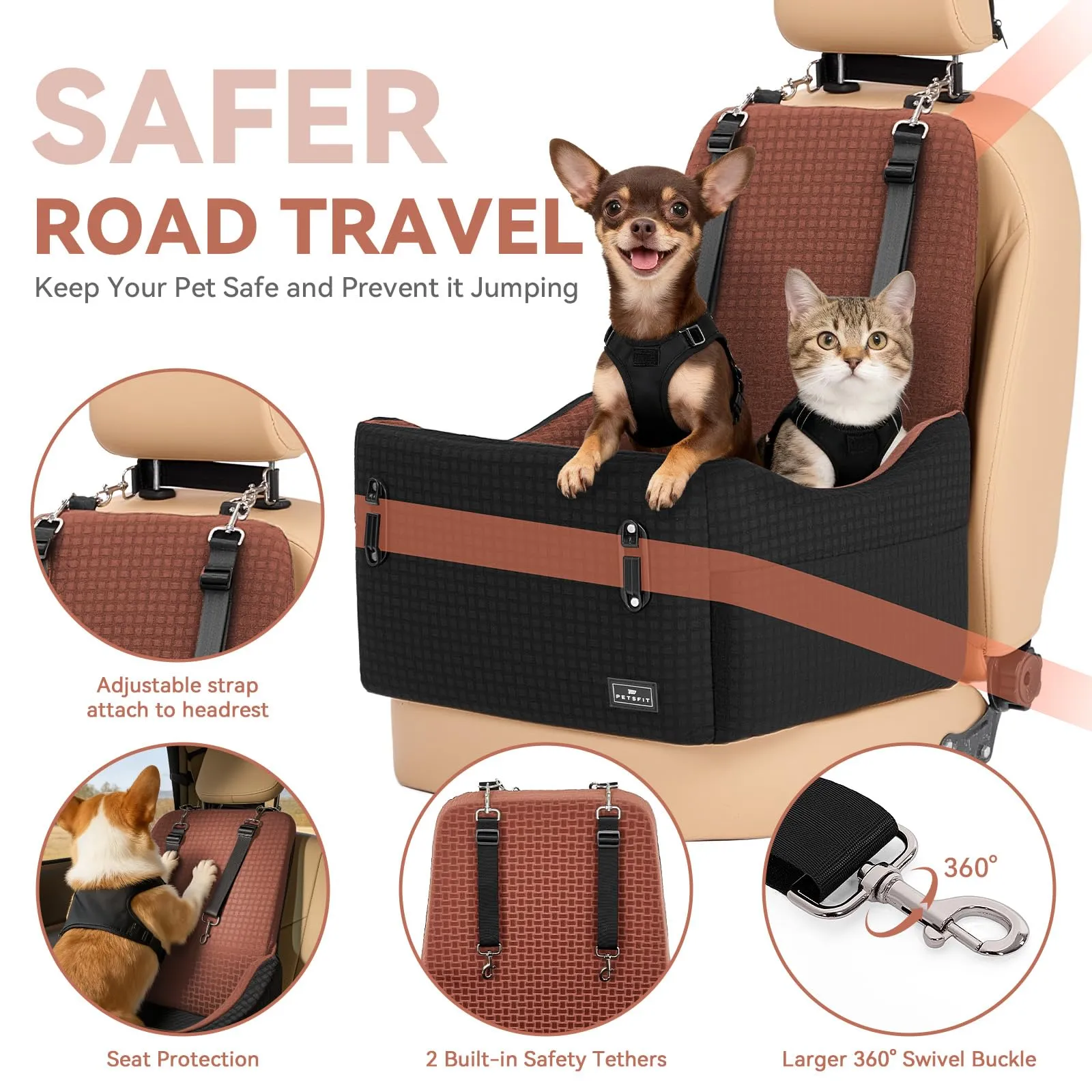 PETSFIT Seggiolino Auto per Cani di Taglia Piccola/Media fino a 15 kg – Sistema di Sicurezza Brevettato, Rialzo con Memory Foam da 13 cm, Sfoderabile e Lavabile, 2 Tasche Portaoggetti (Nero & Marrone) - immagine 2