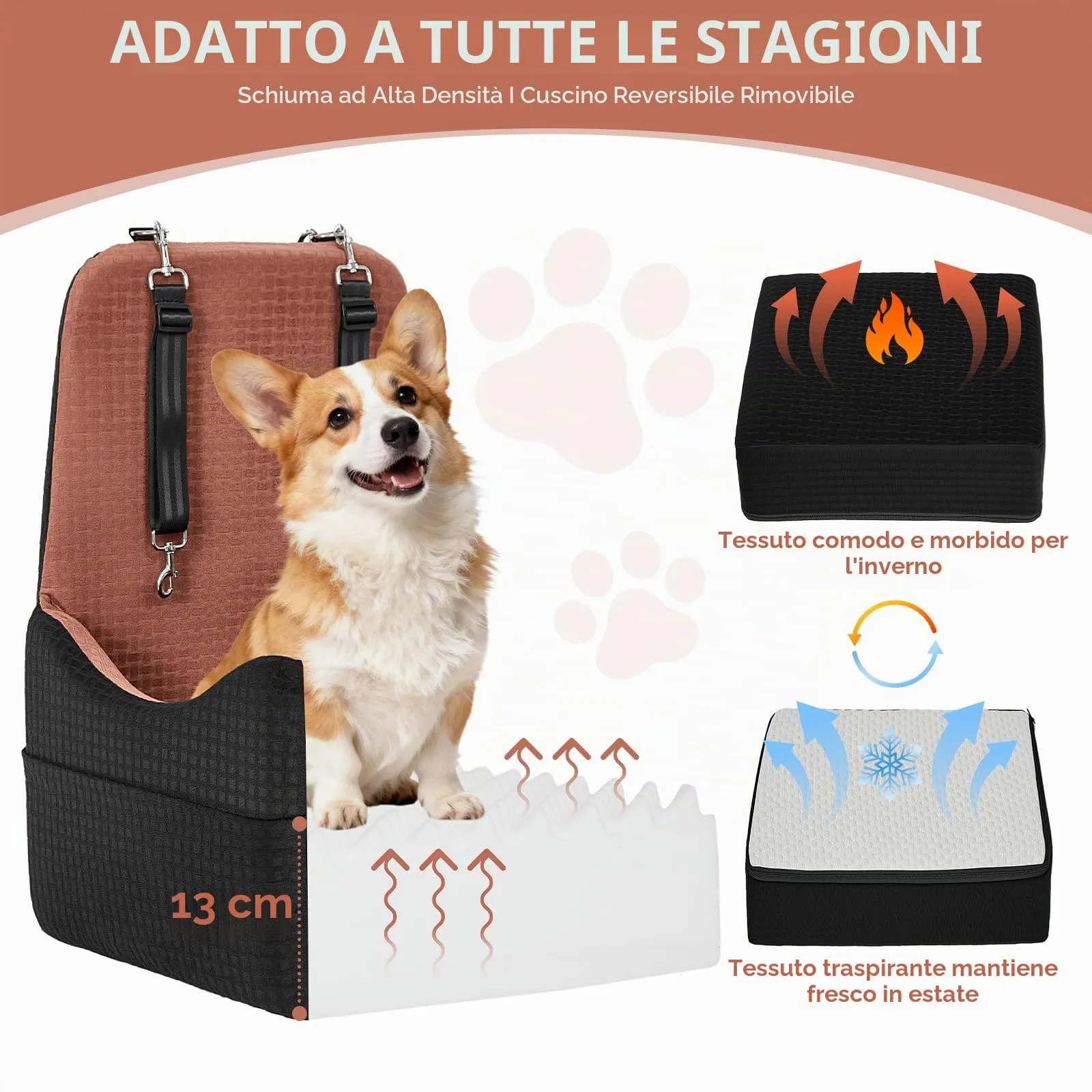 PETSFIT Seggiolino Auto per Cani di Taglia Piccola/Media fino a 15 kg – Sistema di Sicurezza Brevettato, Rialzo con Memory Foam da 13 cm, Sfoderabile e Lavabile, 2 Tasche Portaoggetti (Nero & Marrone) - immagine 4