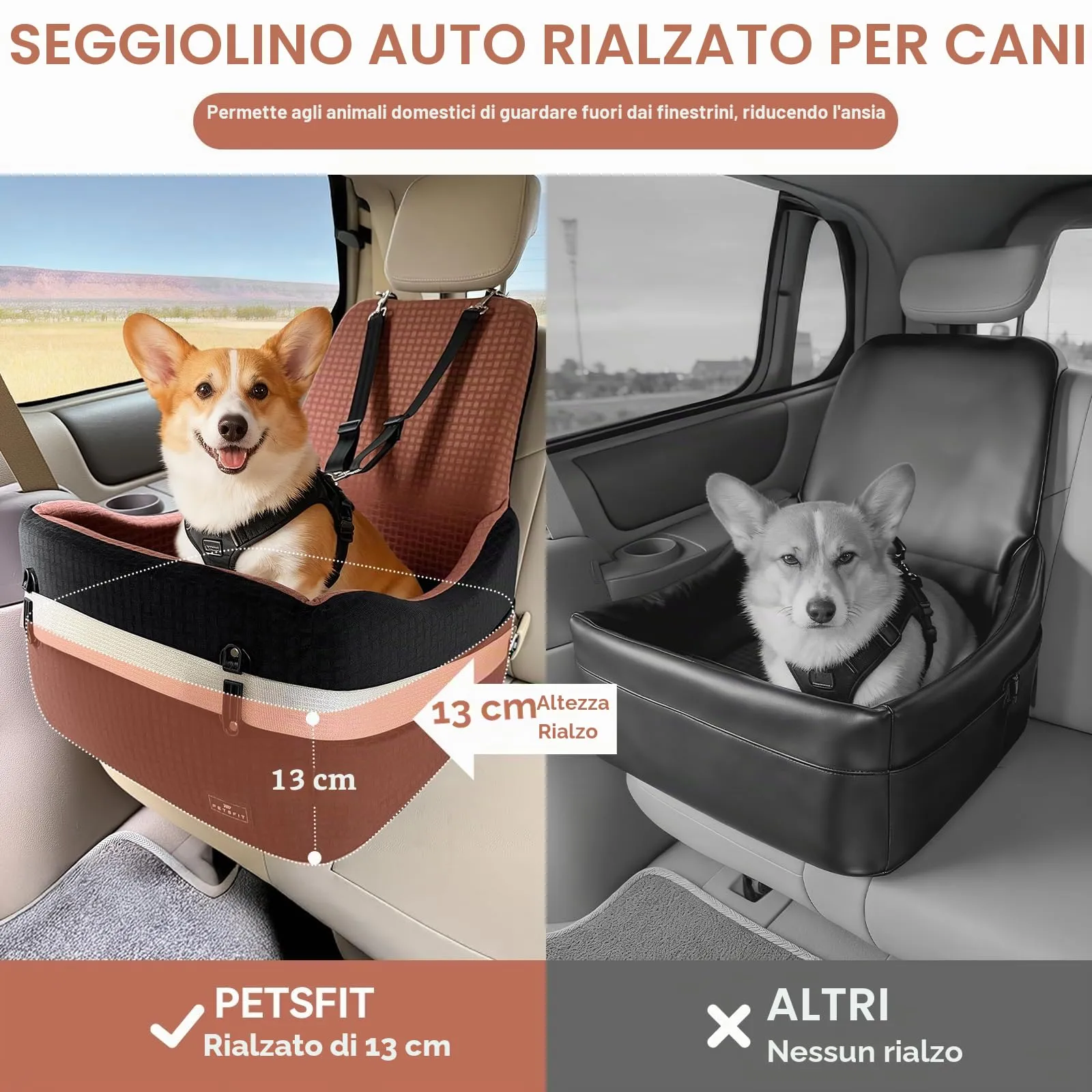 PETSFIT Seggiolino Auto per Cani di Taglia Piccola/Media fino a 15 kg – Sistema di Sicurezza Brevettato, Rialzo con Memory Foam da 13 cm, Sfoderabile e Lavabile, 2 Tasche Portaoggetti (Nero & Marrone) - immagine 5