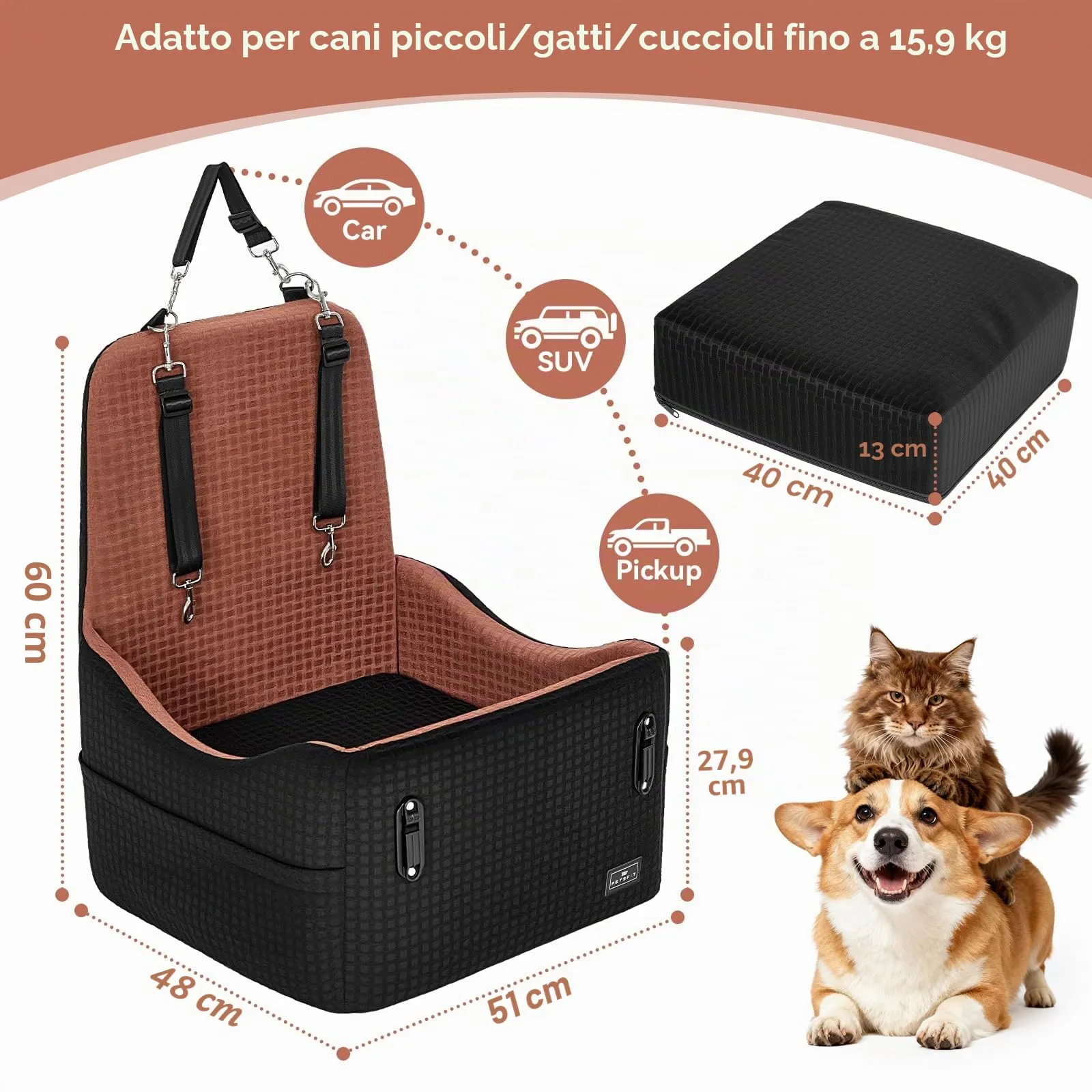 PETSFIT Seggiolino Auto per Cani di Taglia Piccola/Media fino a 15 kg – Sistema di Sicurezza Brevettato, Rialzo con Memory Foam da 13 cm, Sfoderabile e Lavabile, 2 Tasche Portaoggetti (Nero & Marrone) - immagine 6