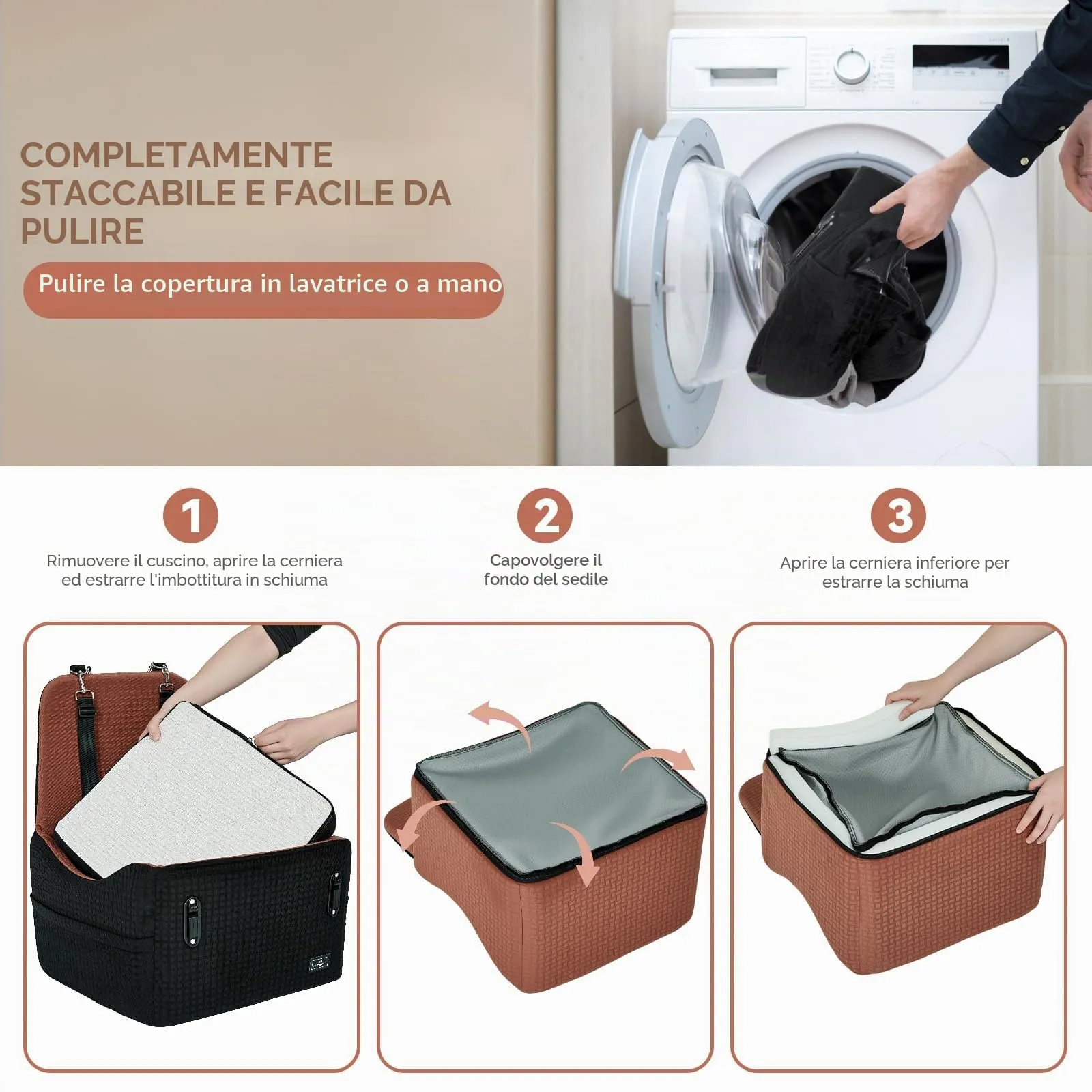 PETSFIT Seggiolino Auto per Cani di Taglia Piccola/Media fino a 15 kg – Sistema di Sicurezza Brevettato, Rialzo con Memory Foam da 13 cm, Sfoderabile e Lavabile, 2 Tasche Portaoggetti (Nero & Marrone) - immagine 7