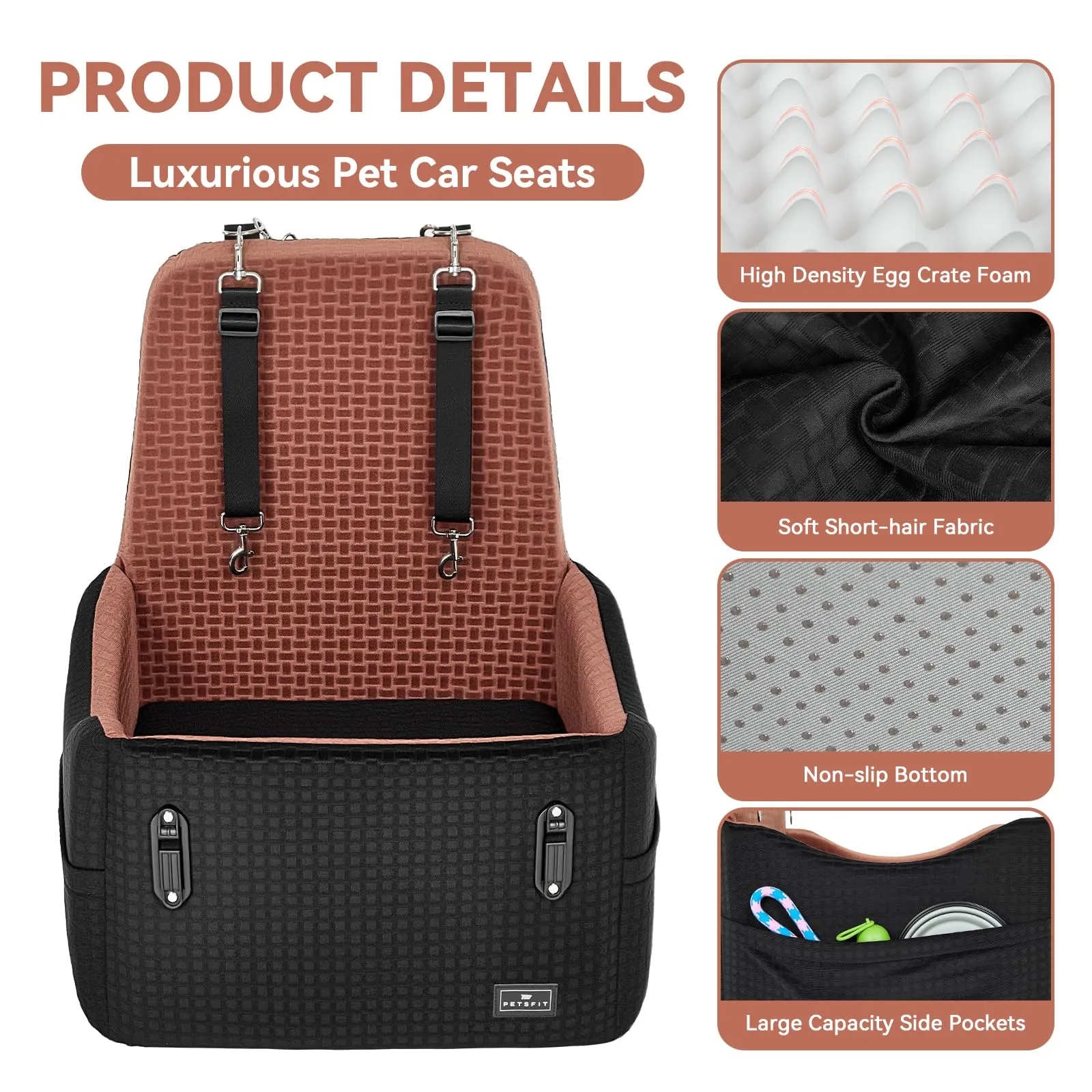 PETSFIT Seggiolino Auto per Cani di Taglia Piccola/Media fino a 15 kg – Sistema di Sicurezza Brevettato, Rialzo con Memory Foam da 13 cm, Sfoderabile e Lavabile, 2 Tasche Portaoggetti (Nero & Marrone) - immagine 8