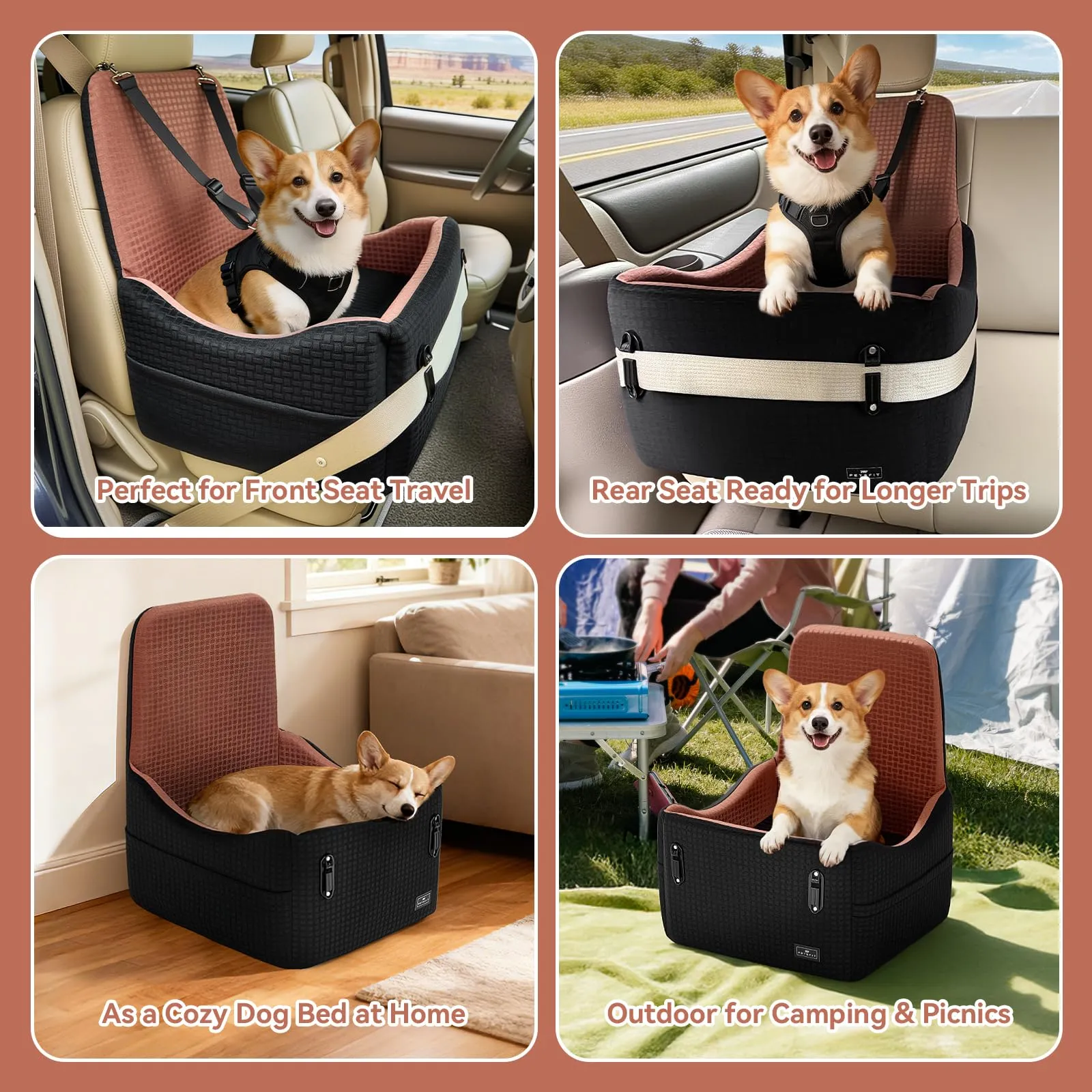 PETSFIT Seggiolino Auto per Cani di Taglia Piccola/Media fino a 15 kg – Sistema di Sicurezza Brevettato, Rialzo con Memory Foam da 13 cm, Sfoderabile e Lavabile, 2 Tasche Portaoggetti (Nero & Marrone) - immagine 9