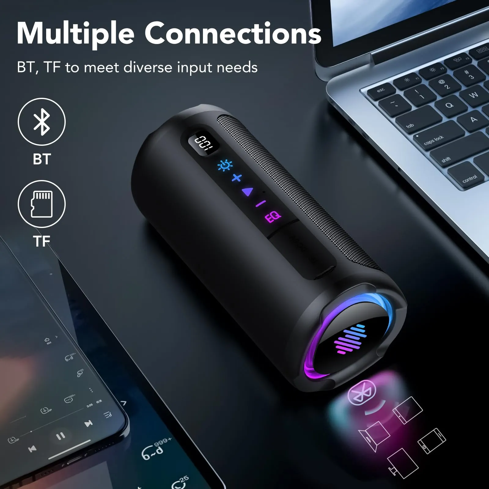 Cassa Bluetooth 5.4 Potente 20W, Doppio Driver Basso, 20H Autonomia, Casse Bluetooth Portatile con 2 EQ Modalità+Display Digitale, 7 RGB, TF, Accoppiamento TWS, Altoparlante Bluetooth da Esterno Feste - immagine 6