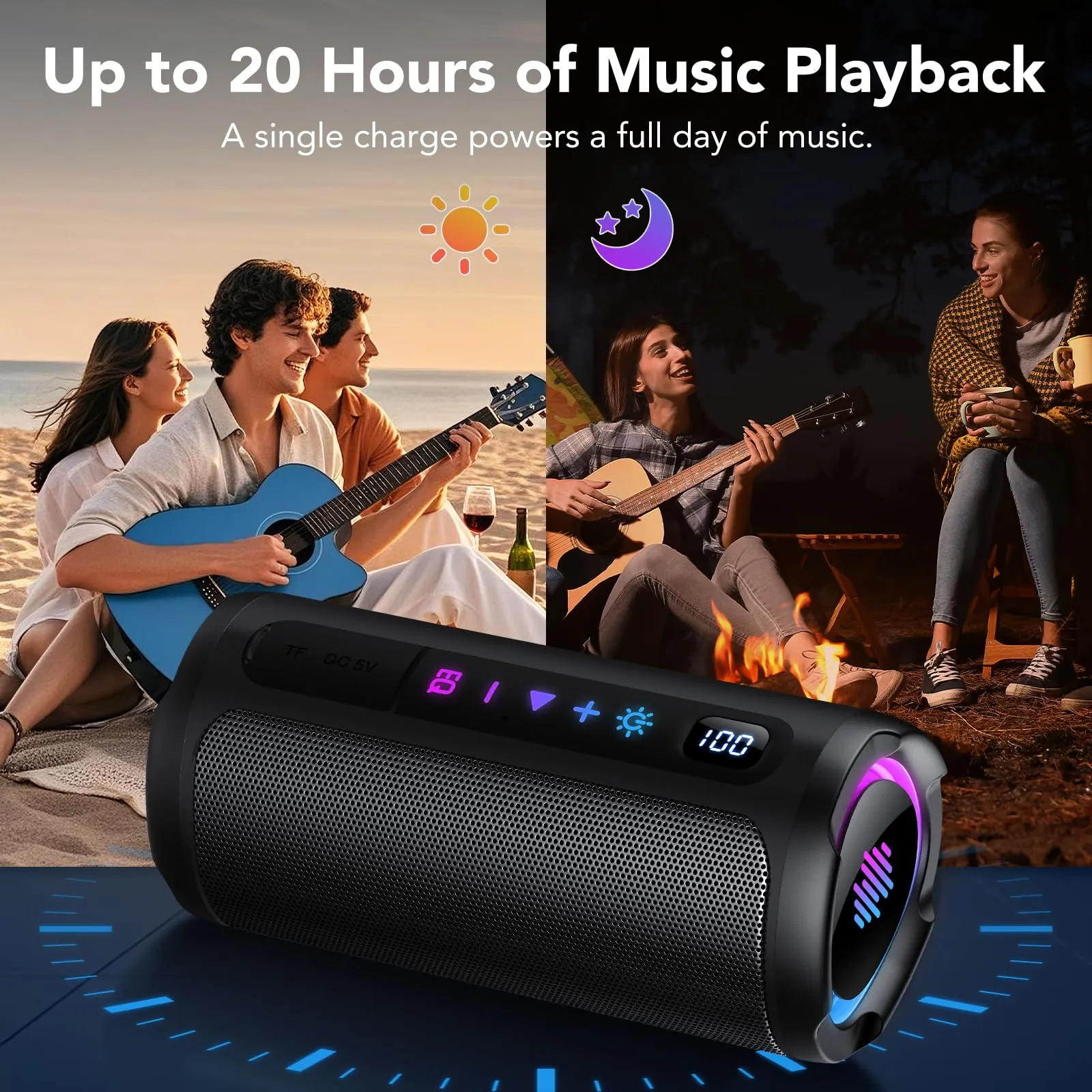 Cassa Bluetooth 5.4 Potente 20W, Doppio Driver Basso, 20H Autonomia, Casse Bluetooth Portatile con 2 EQ Modalità+Display Digitale, 7 RGB, TF, Accoppiamento TWS, Altoparlante Bluetooth da Esterno Feste - immagine 7