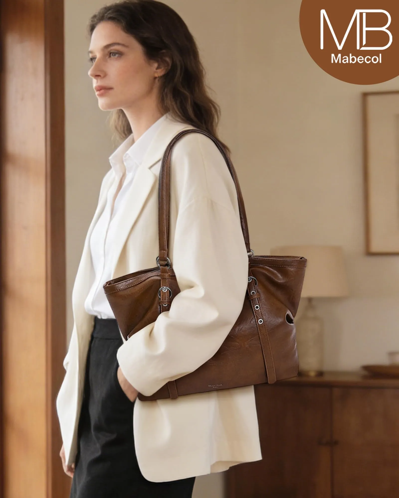 Borsa Donna Grande Spalla Mano Shopper Tote Capiente Marrón - immagine 2