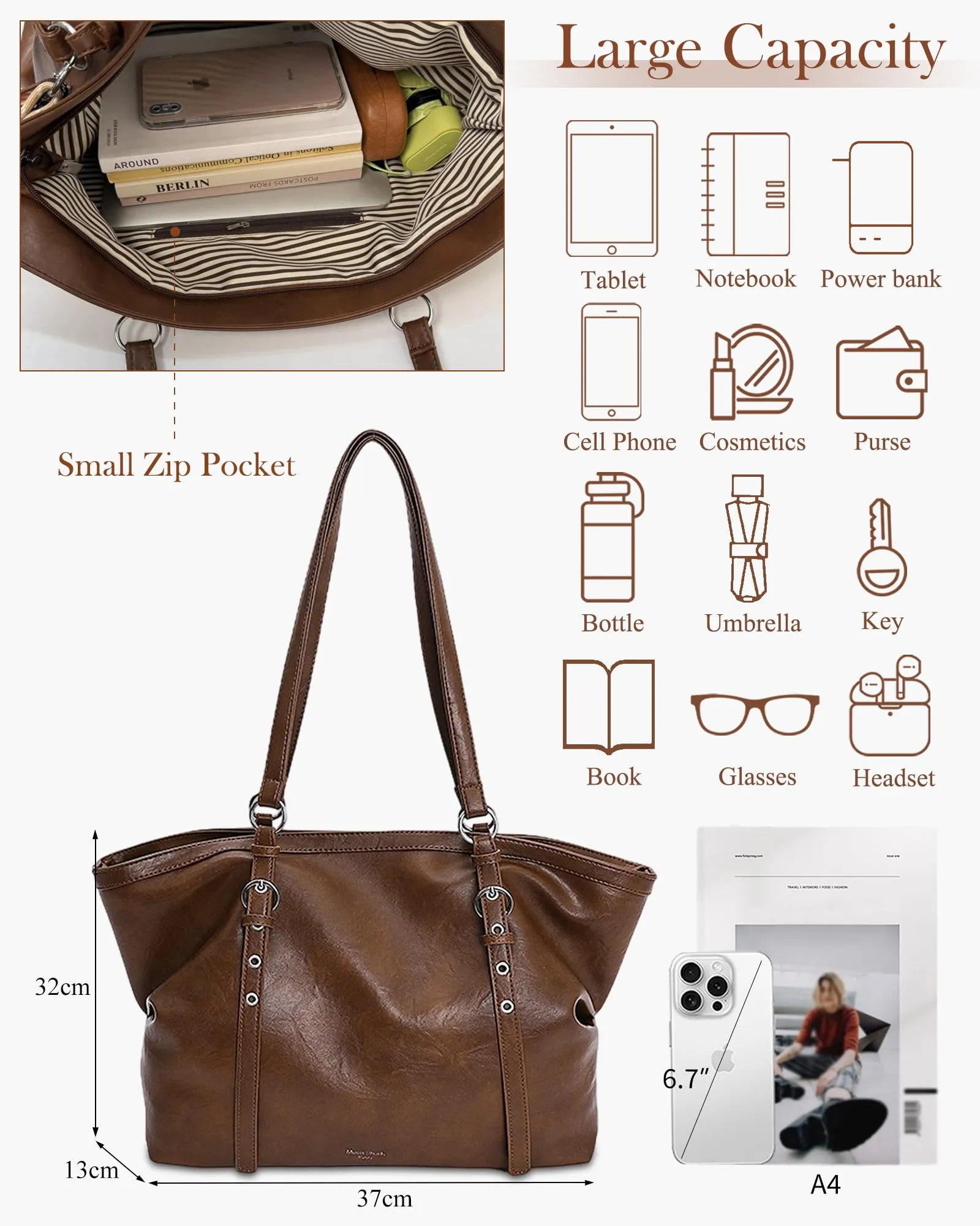 Borsa Donna Grande Spalla Mano Shopper Tote Capiente Marrón - immagine 3