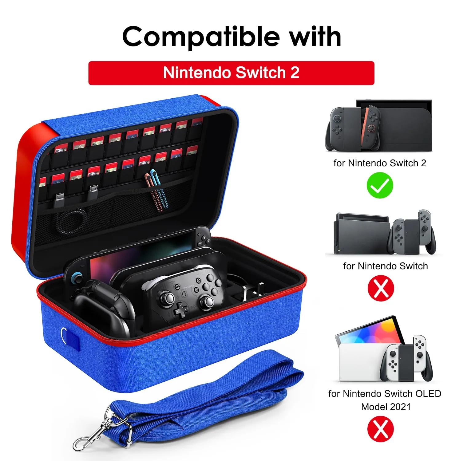 iVoler Custodia di Trasporto compatibile con Nintendo Switch/Nintendo Switch 2, Case da Viaggio Rigido Deluxe per Console Switch e Altri Accessori (Rosso+Blu, Switch 2, Standard) - immagine 6