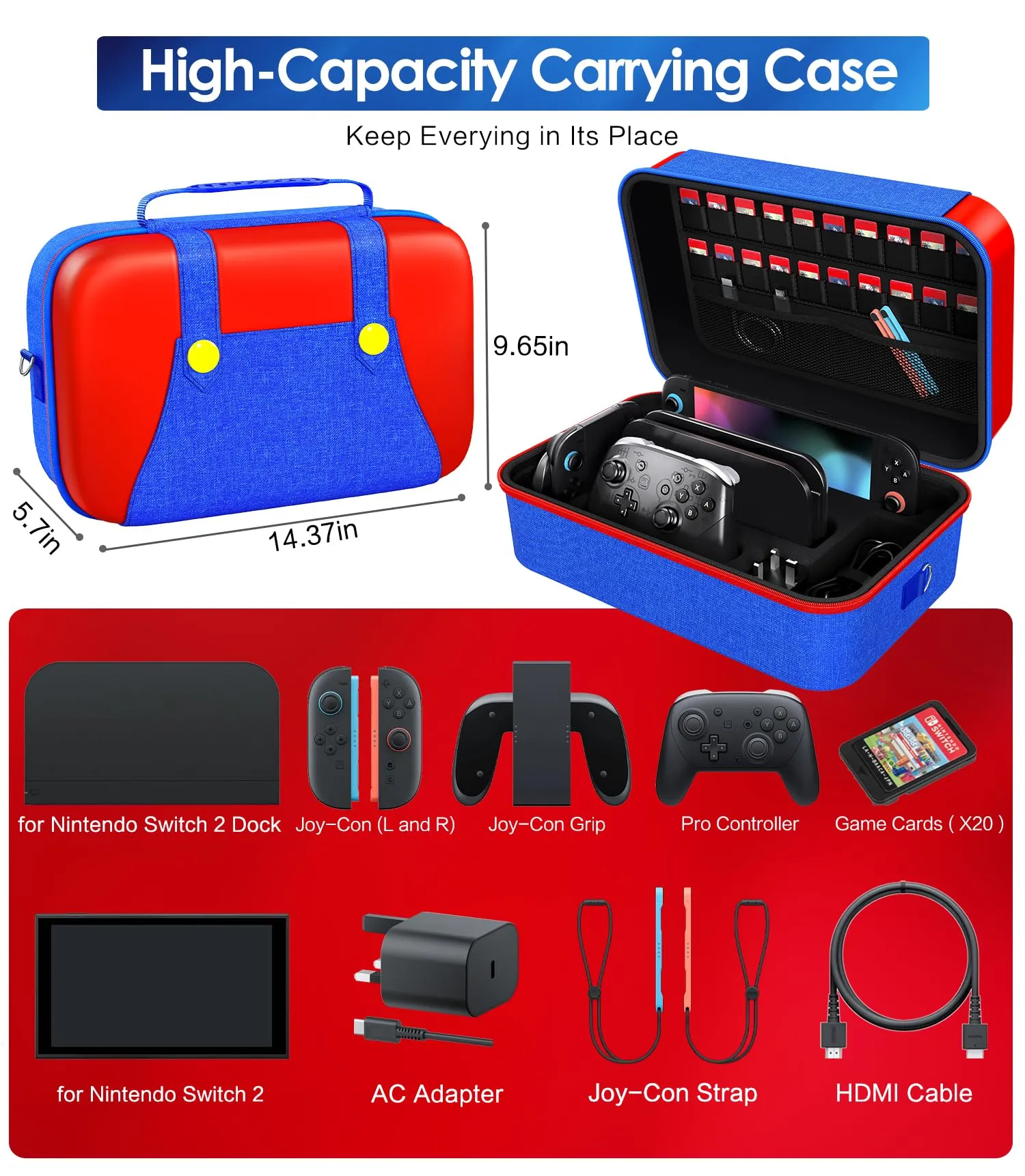 iVoler Custodia di Trasporto compatibile con Nintendo Switch/Nintendo Switch 2, Case da Viaggio Rigido Deluxe per Console Switch e Altri Accessori (Rosso+Blu, Switch 2, Standard) - immagine 7