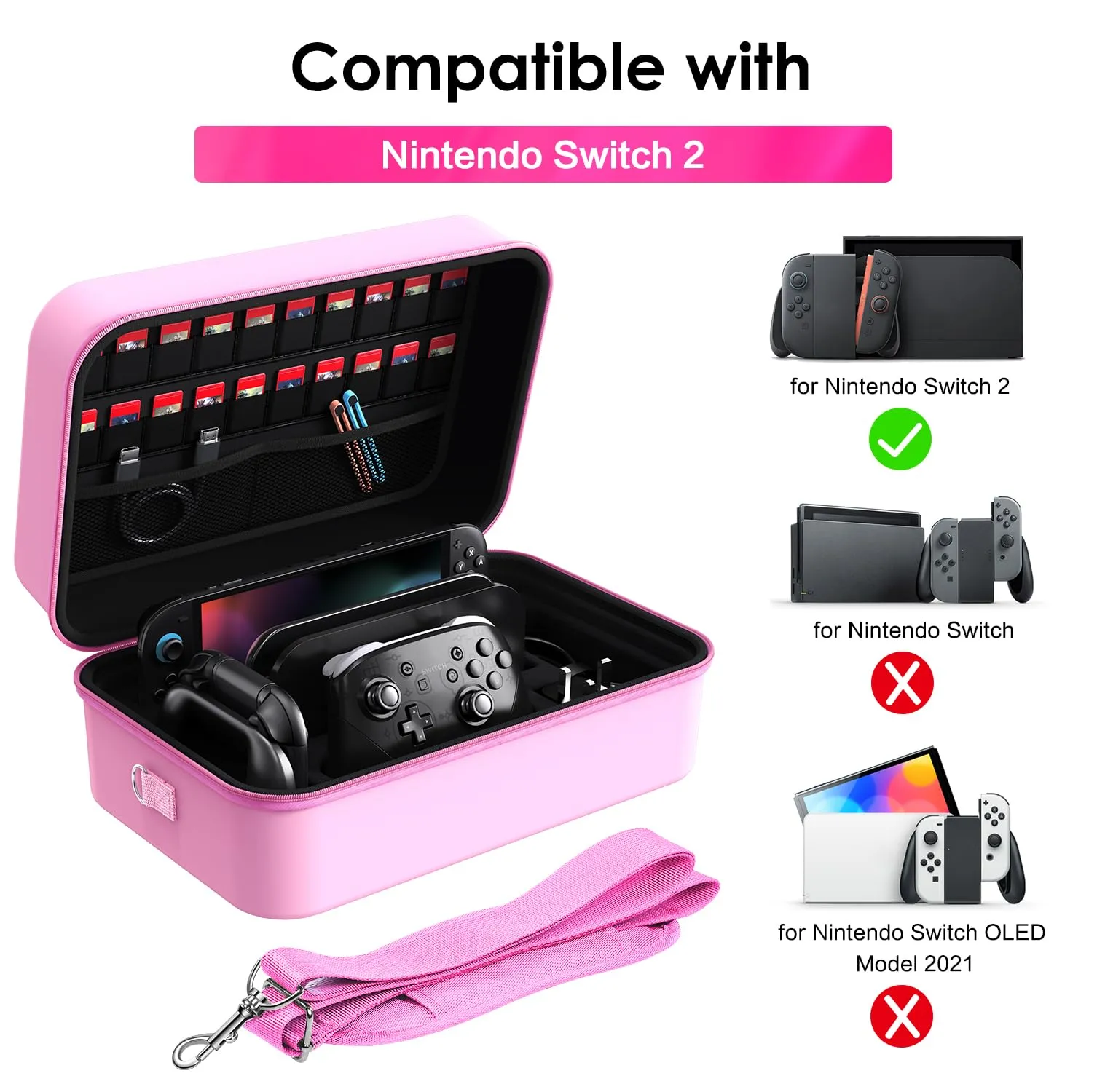 iVoler Custodia di Trasporto compatibile con Nintendo Switch/Nintendo Switch 2, Case da Viaggio Rigido Deluxe per Console Switch e Altri Accessori (Rosa, Switch 2, Standard) - immagine 4
