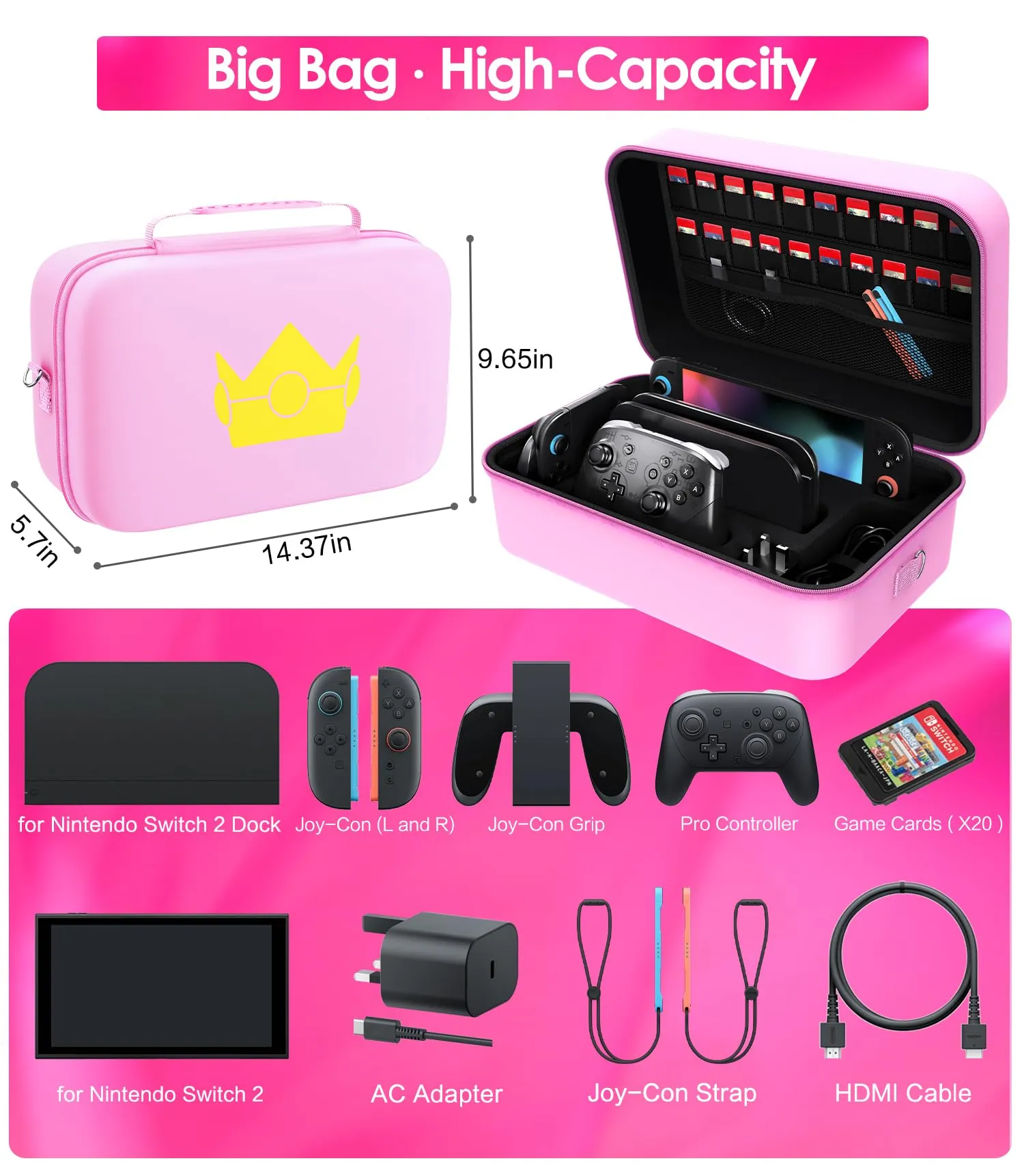 iVoler Custodia di Trasporto compatibile con Nintendo Switch/Nintendo Switch 2, Case da Viaggio Rigido Deluxe per Console Switch e Altri Accessori (Rosa, Switch 2, Standard) - immagine 5