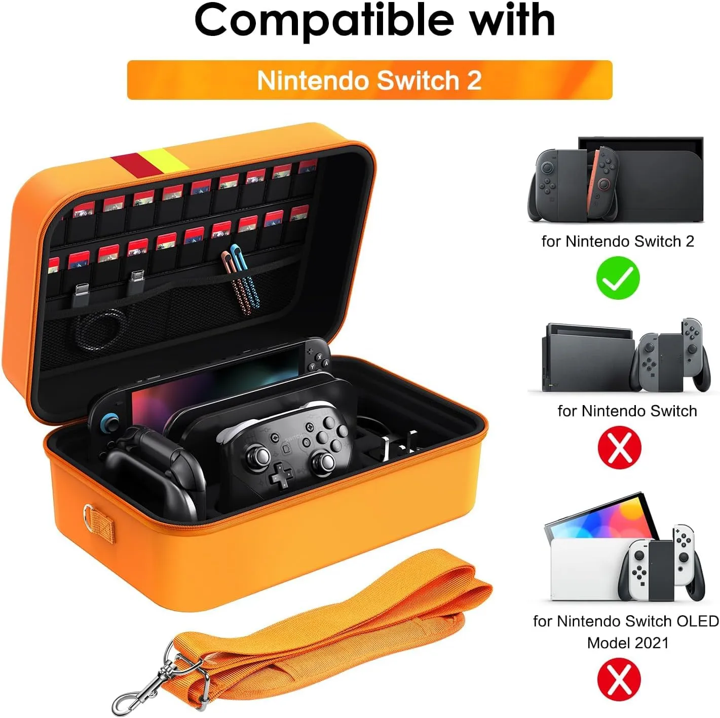 iVoler Custodia di Trasporto compatibile con Nintendo Switch/Nintendo Switch 2, Case da Viaggio Rigido Deluxe per Console Switch e Altri Accessori (Arancio, Switch 2, Standard) - immagine 2