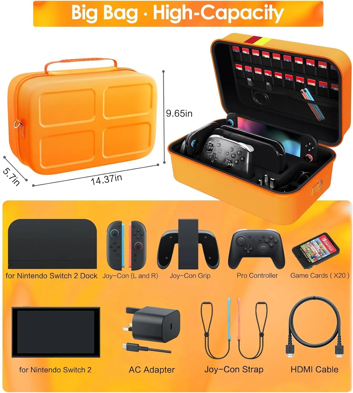iVoler Custodia di Trasporto compatibile con Nintendo Switch/Nintendo Switch 2, Case da Viaggio Rigido Deluxe per Console Switch e Altri Accessori (Arancio, Switch 2, Standard) - immagine 3