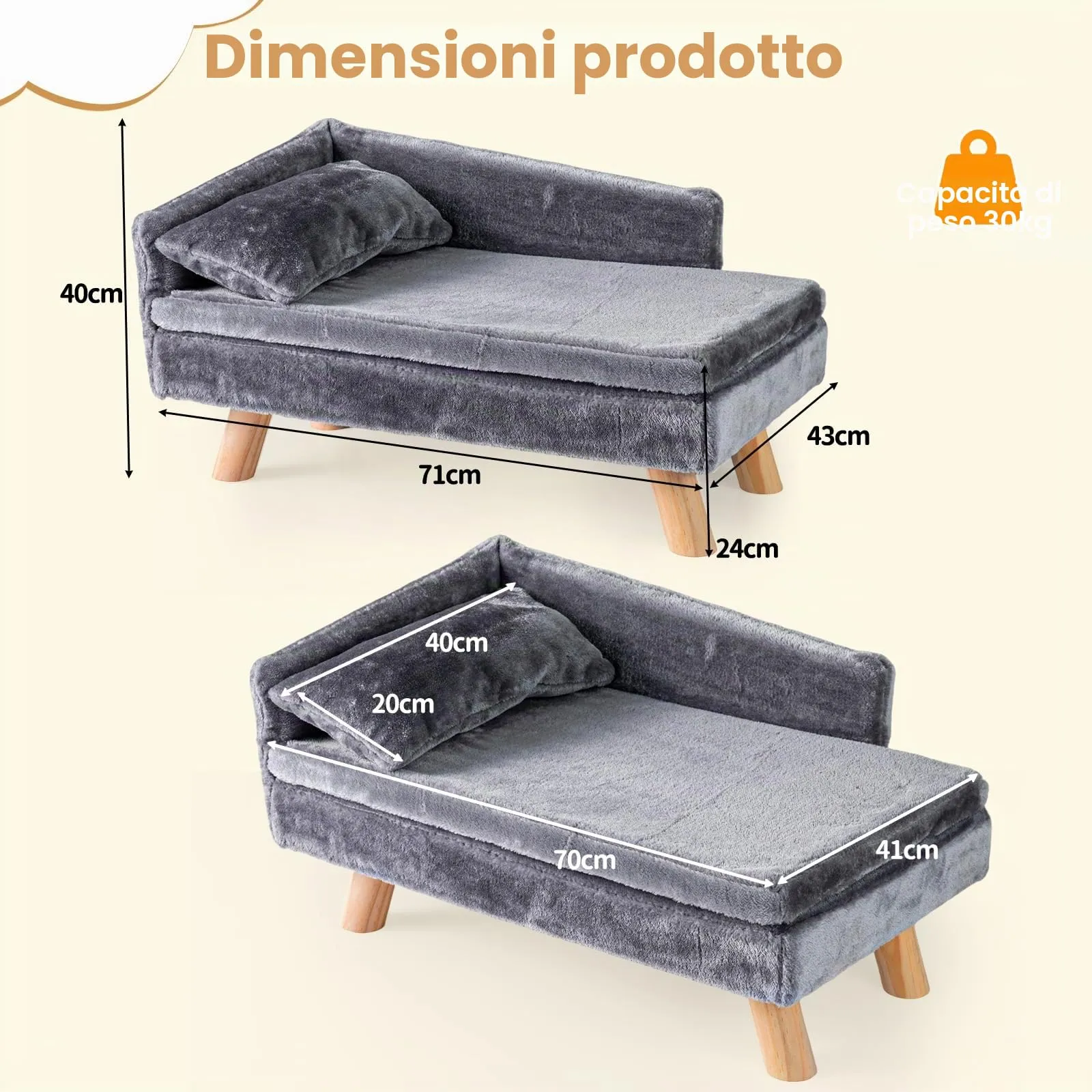 SOARS Divano per Cani con Schienale e Cuscino, 71 x 43 x 40 cm, Grigio - immagine 3