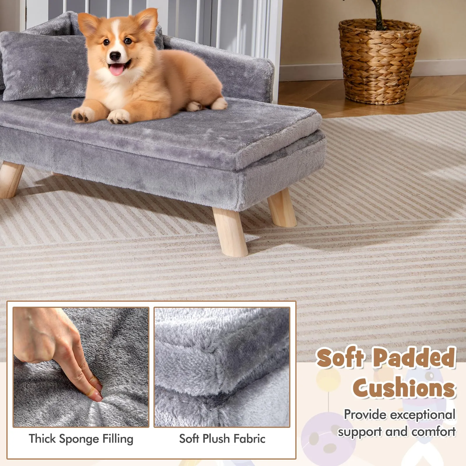 SOARS Divano per Cani con Schienale e Cuscino, 71 x 43 x 40 cm, Grigio - immagine 4