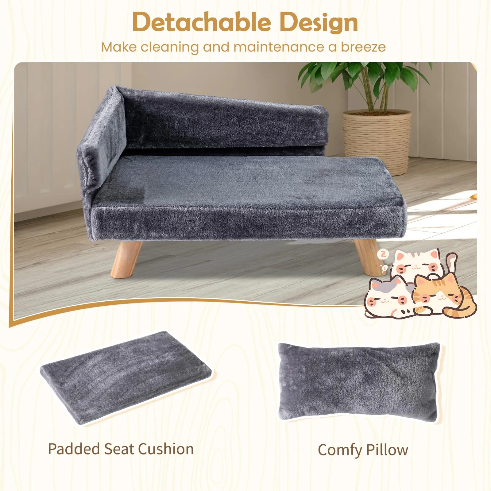 SOARS Divano per Cani con Schienale e Cuscino, 71 x 43 x 40 cm, Grigio - immagine 5