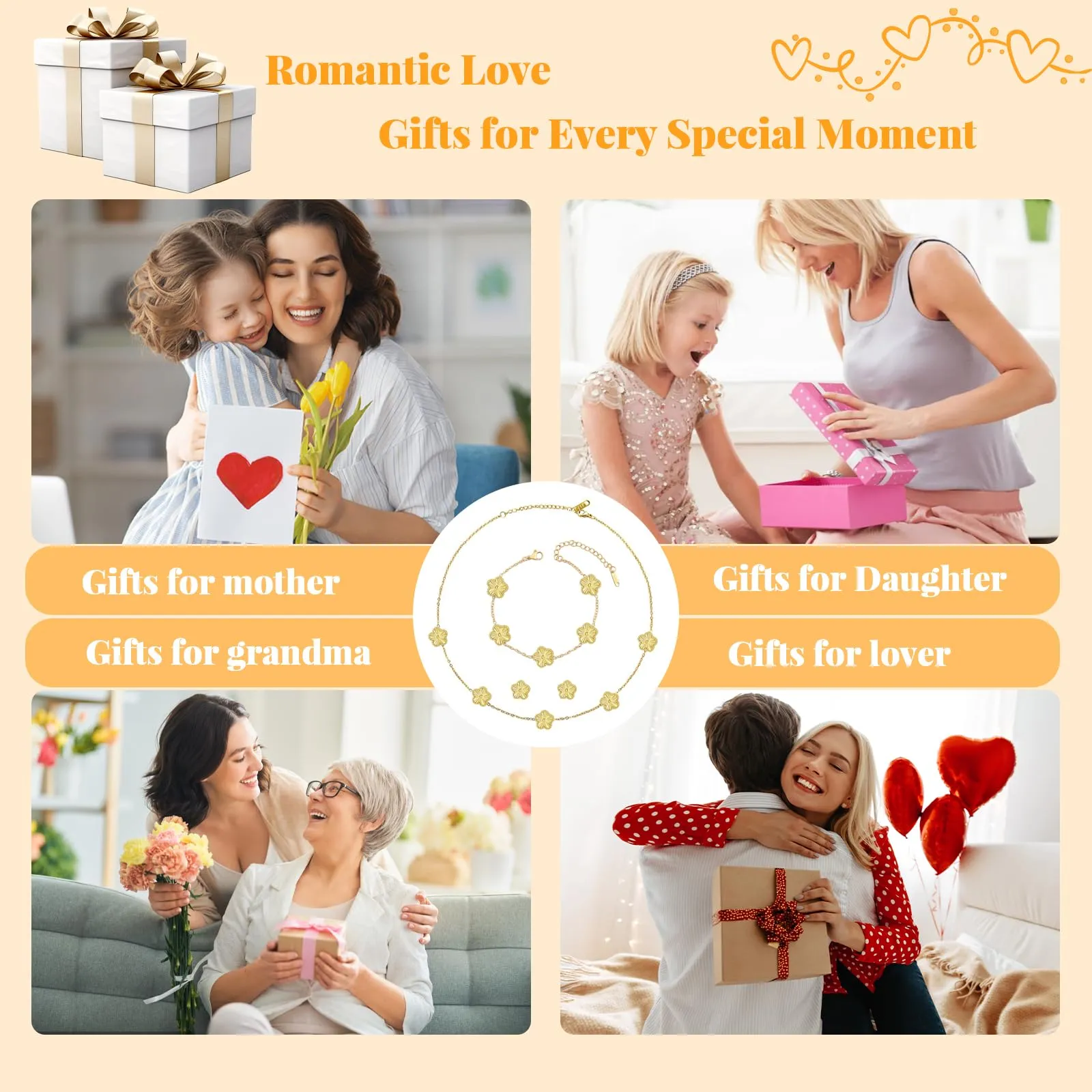 ZHITENG Parure Gioielli Trifoglio a Cinque Foglie, Regolabile Bracciale Trifoglio a Cinque Foglie, Motivo Floreale Collana, set da 3 Pezzi Adatto Come Regalo per Fidanzata, Sposa, Madre (Oro) - immagine 3