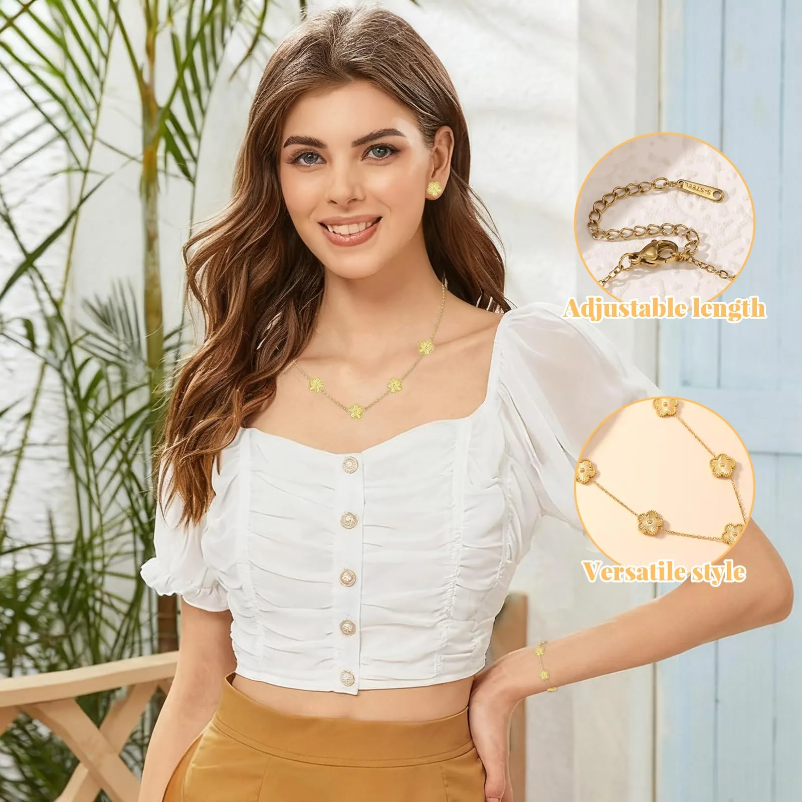 ZHITENG Parure Gioielli Trifoglio a Cinque Foglie, Regolabile Bracciale Trifoglio a Cinque Foglie, Motivo Floreale Collana, set da 3 Pezzi Adatto Come Regalo per Fidanzata, Sposa, Madre (Oro) - immagine 5