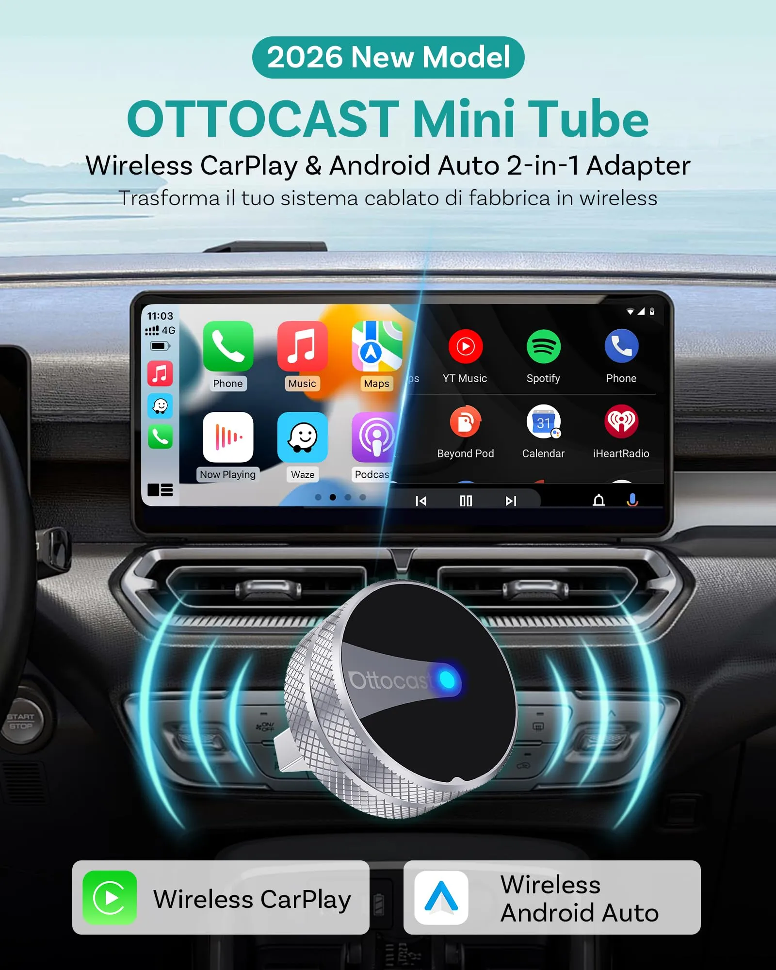 2026 OTTOCAST MINI Cube 3.0 Wireless CarPlay & Android Auto Adapter - immagine 2