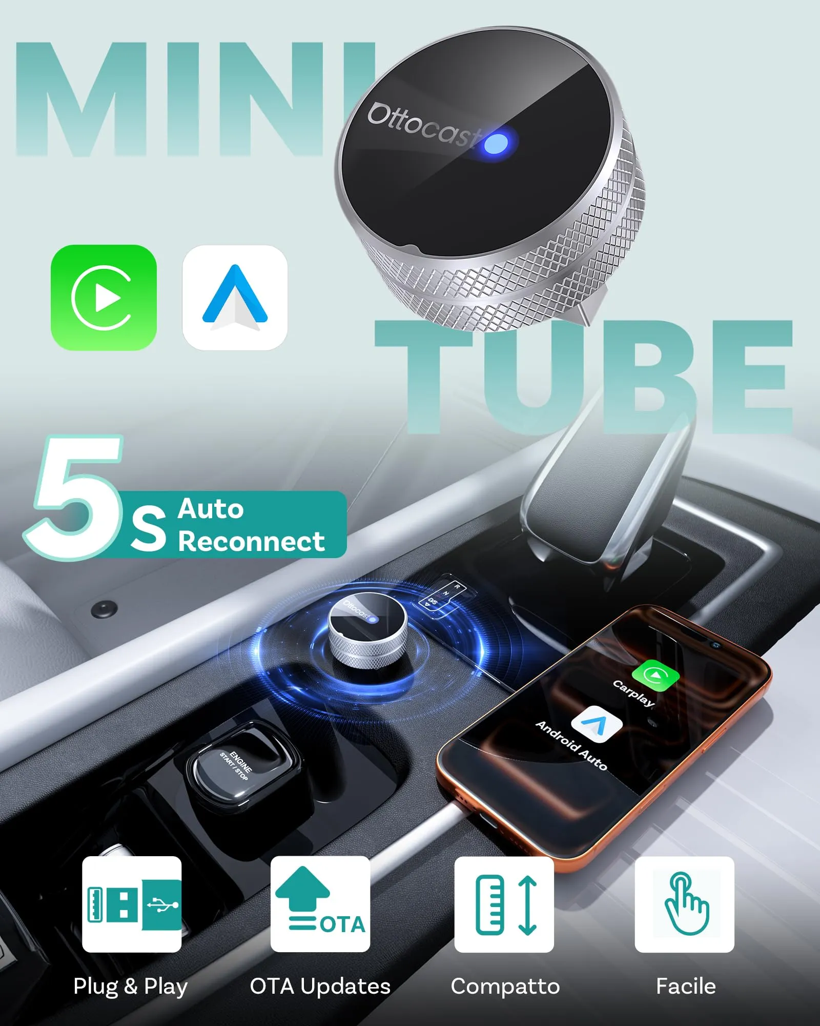 2026 OTTOCAST MINI Cube 3.0 Wireless CarPlay & Android Auto Adapter - immagine 3