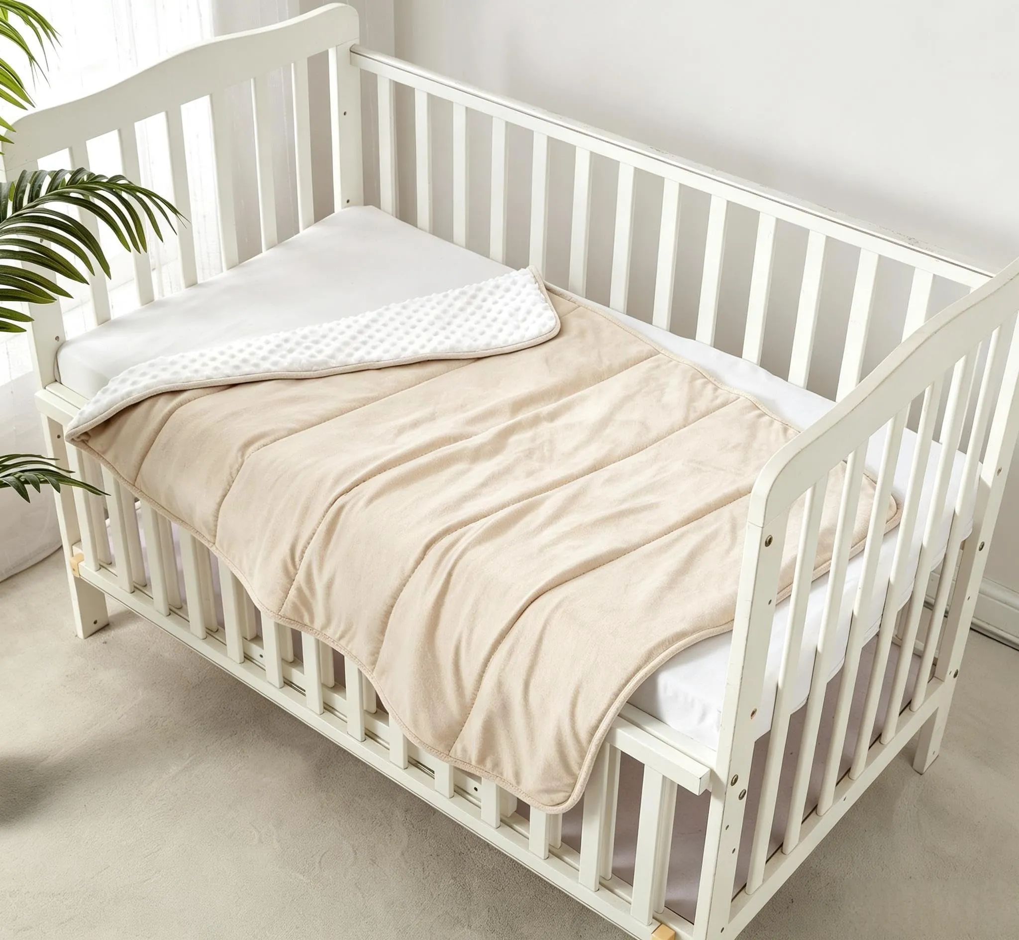 CREVENT Coperta trapuntata in visone per bambini e bambine, morbido peluche copertina avvolgente per neonati - 75x100 cm (beige + bianco) - immagine 1