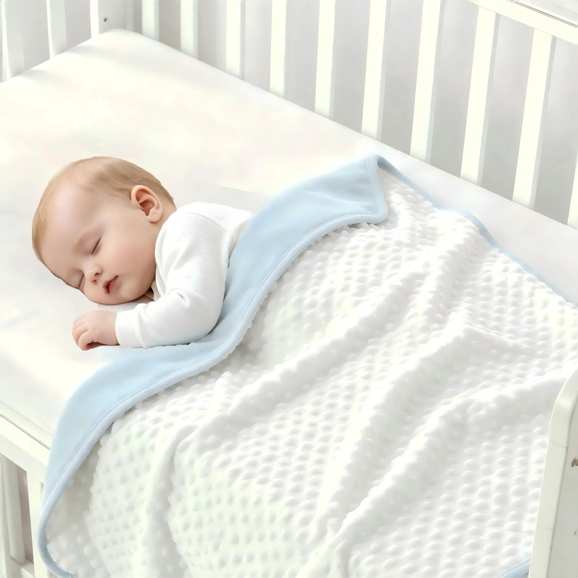 CREVENT Coperta in visone per bambini e bambine, morbido peluche copertina avvolgente per neonati - 75x100 cm (Blu + Bianco) - immagine 4