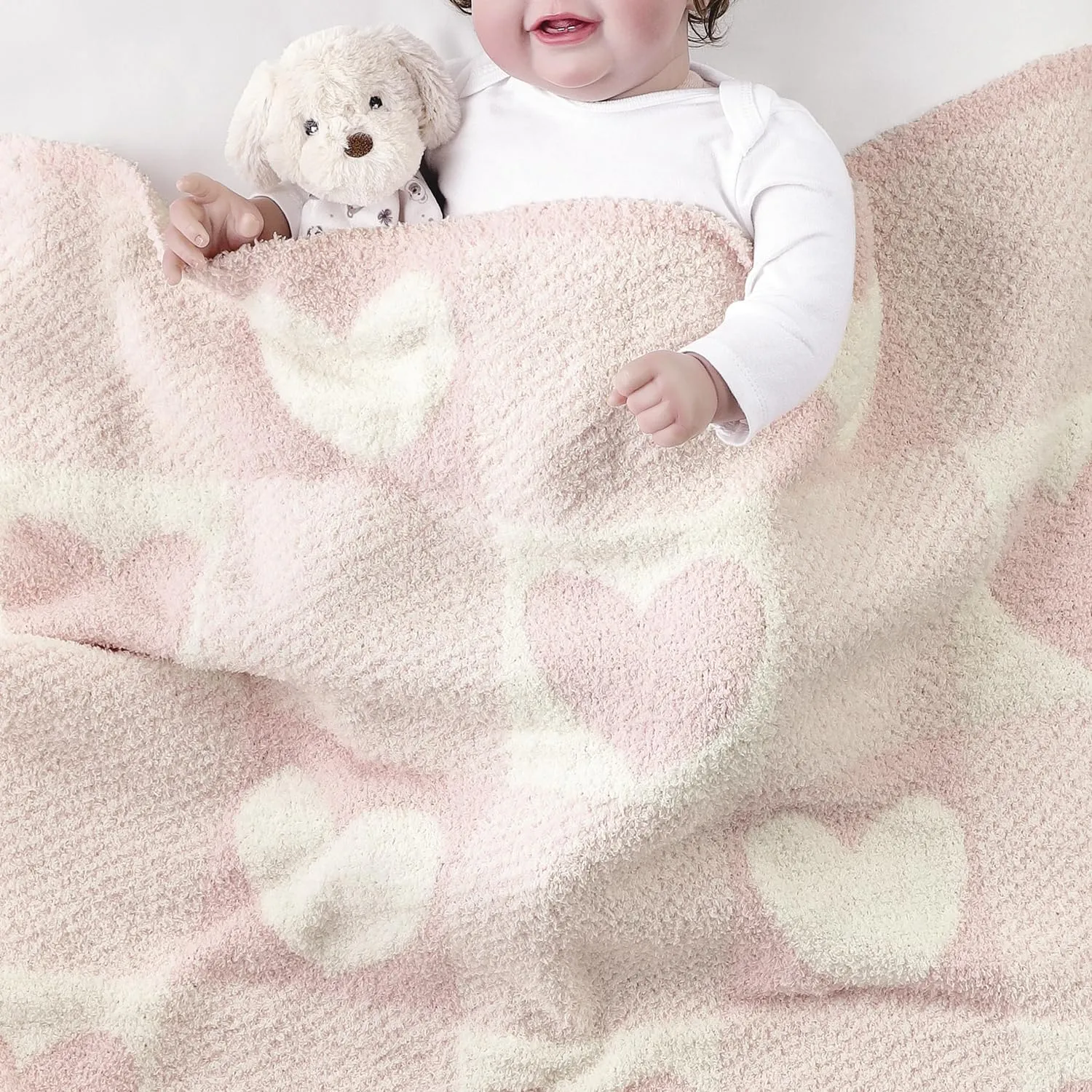 CREVENT 2 pezzi di coperte da 80x100 cm, morbide e calde, per neonati e bambini, per culla, lettino, passeggino - Nuvola grigia + cuore rosa in maglia - immagine 5