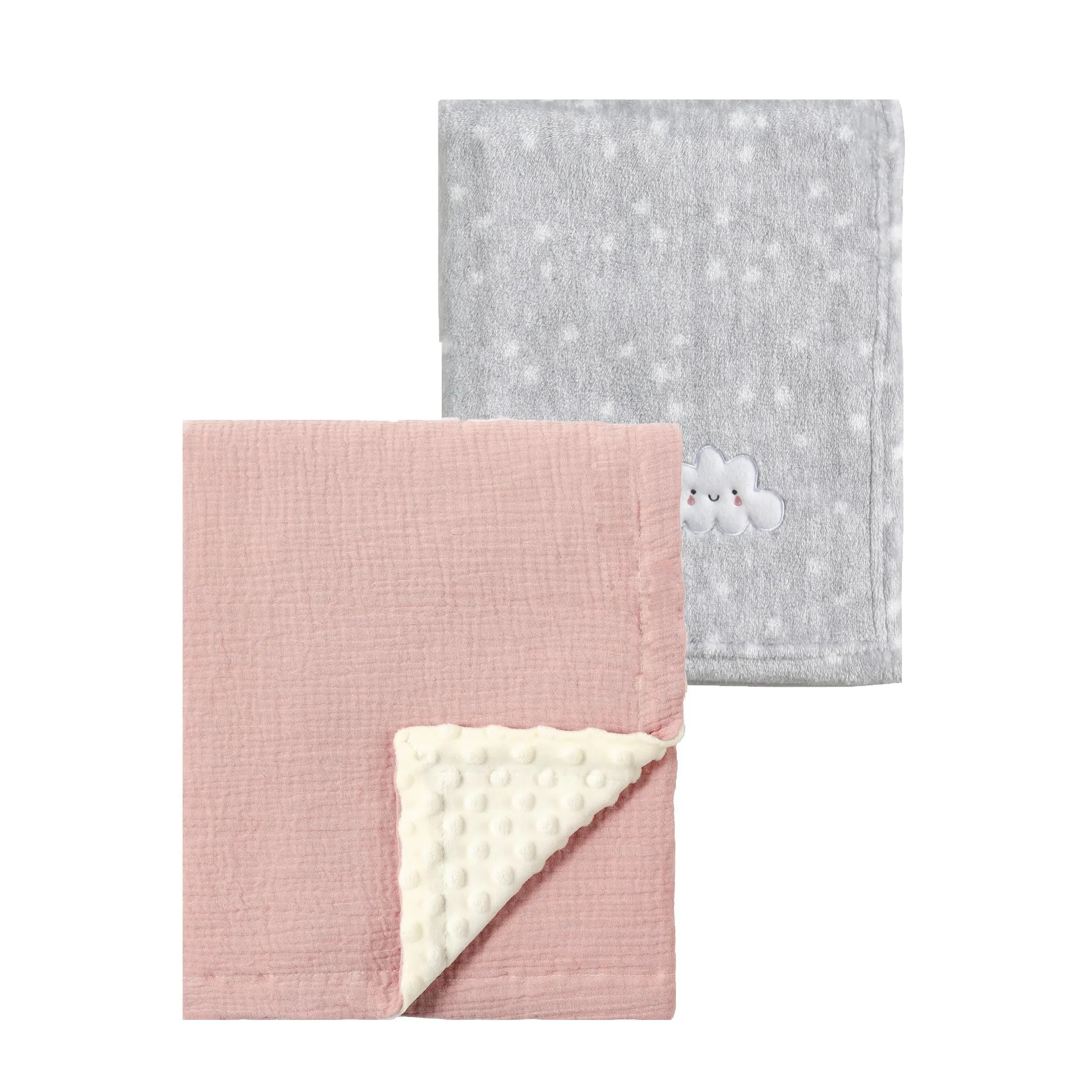 CREVENT 2 pezzi 75 cm x 100 cm Coperte morbide e soffici per neonati e bambini, per lettino, lettino per bambini, passeggino - Grigio nuvola + mussola rosa - immagine 1