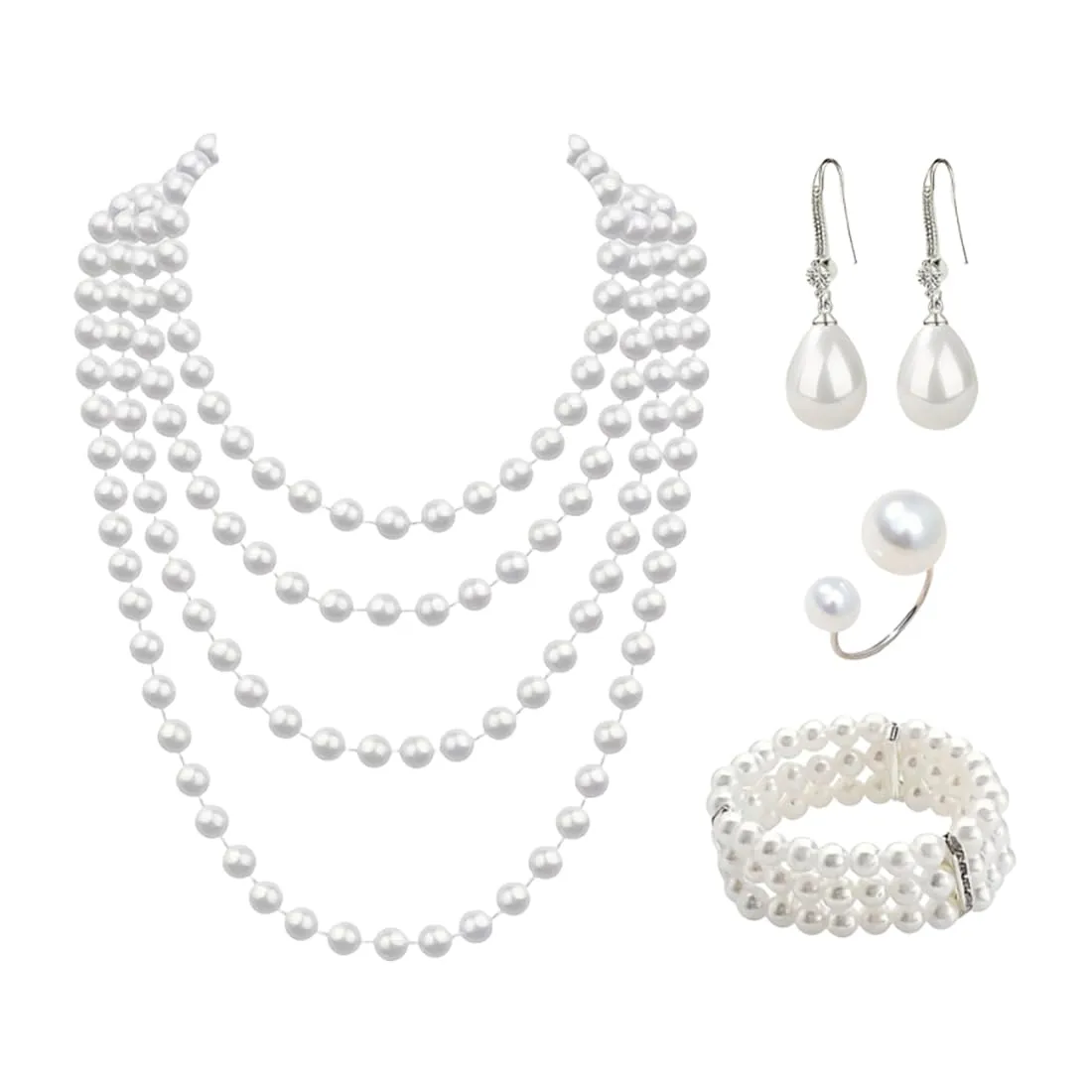 OIXYEY 1 Set Collana Perle Donna, 3 File Collana Di Perle Anni '20 Accessori, Orecchini Di Perle Bracciale Elasticizzato, Accessori Da Donna Per Feste Balli Matrimoni (Argento A) - immagine 1