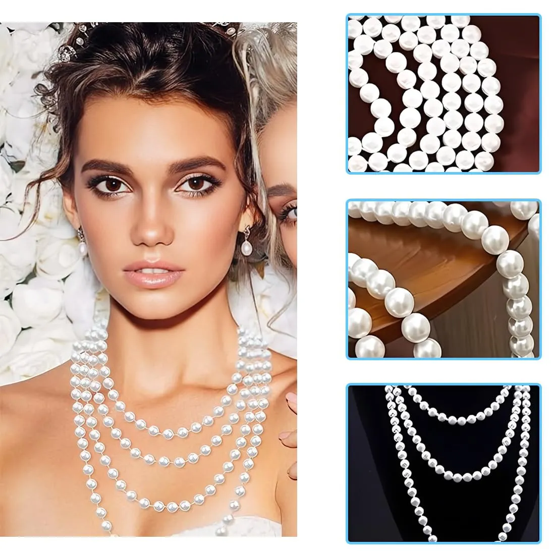 OIXYEY 1 Set Collana Perle Donna, 3 File Collana Di Perle Anni '20 Accessori, Orecchini Di Perle Bracciale Elasticizzato, Accessori Da Donna Per Feste Balli Matrimoni (Argento A) - immagine 3