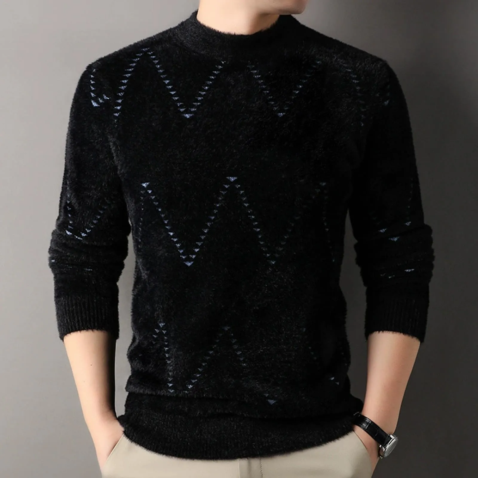 Argyle - Maglione da uomo con motivo a rombi, in jacquard, con scollo rotondo, invernale, lavorato a maglia, da lavoro, leggero, S2 blu, XL - immagine 2
