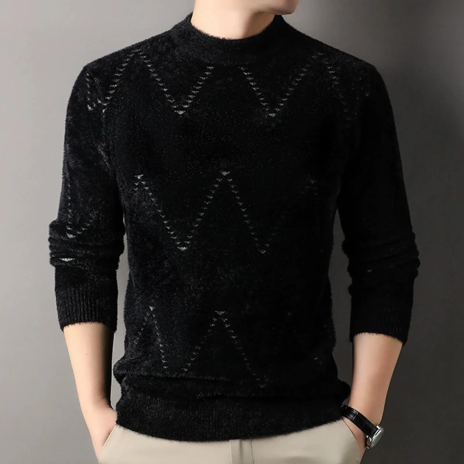 Argyle - Maglione da uomo con motivo a rombi, in jacquard, con scollo rotondo, invernale, lavorato a maglia, da lavoro, leggero, S2 grigio, 3XL - immagine 2