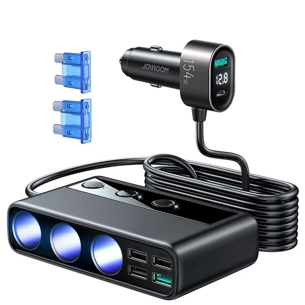 Caricabatterie Auto Joyroom JR-CL06, 154W, 3A, 4 x USB-A - 1 x USB-C - 4 x Estensione Accendisigari, Nero JYR058BLK - immagine 1