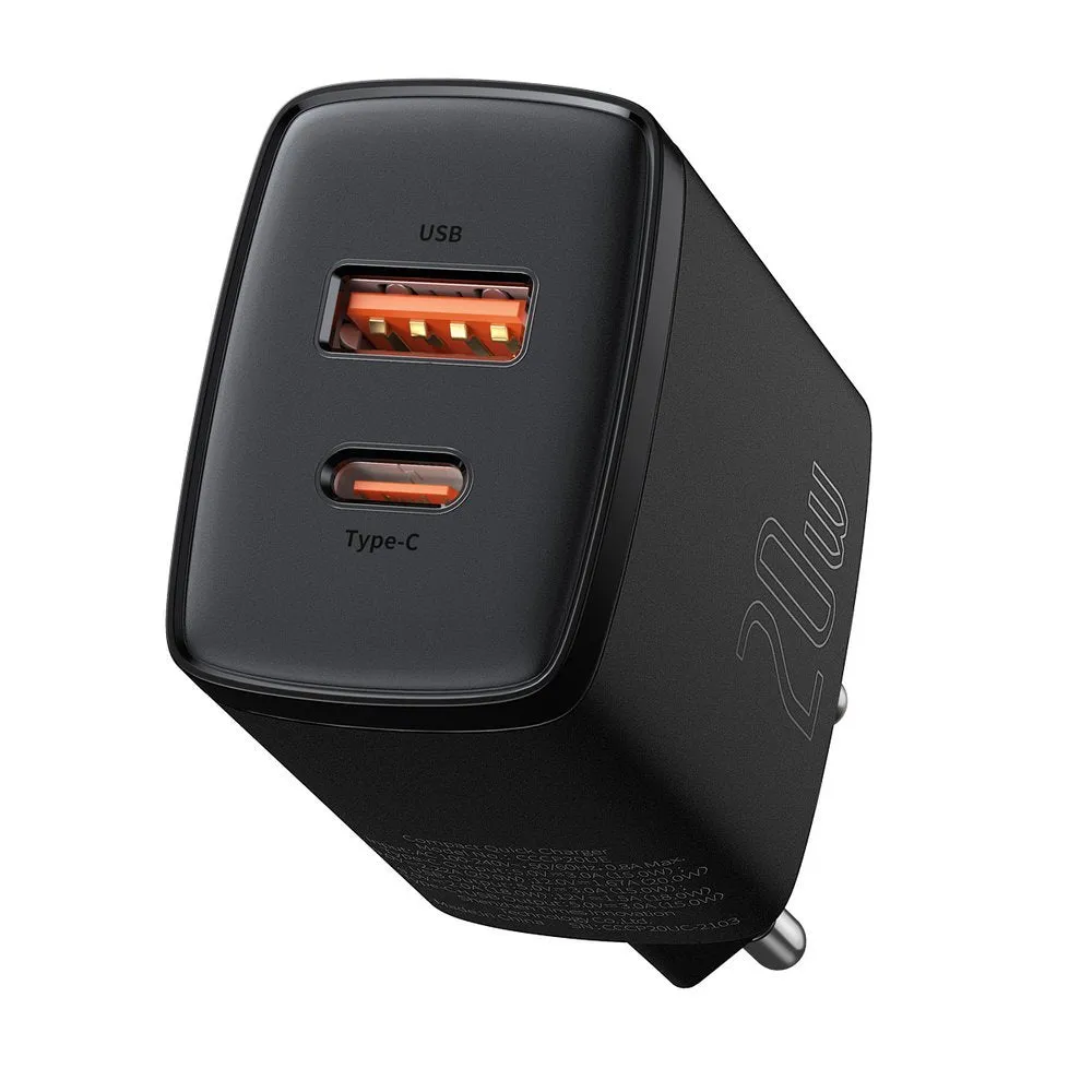 Caricatore da rete Baseus Compact, 20W, 3A, 1 x USB-A - 1 x USB-C, Nero CCXJ-B01 - immagine 1
