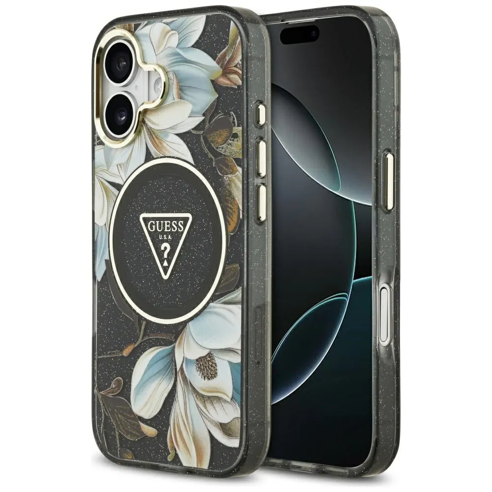 Custodia MagSafe per Apple iPhone 17, Guess, IML Metal Glitter Flowers Triangle, Nera - immagine 1