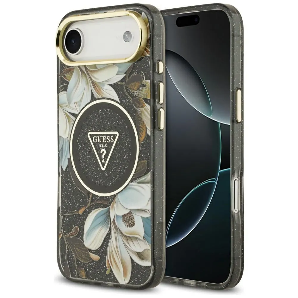 Custodia MagSafe per Apple iPhone 17 Air, Guess, IML Metal Glitter Flowers Triangle, Nera - immagine 1