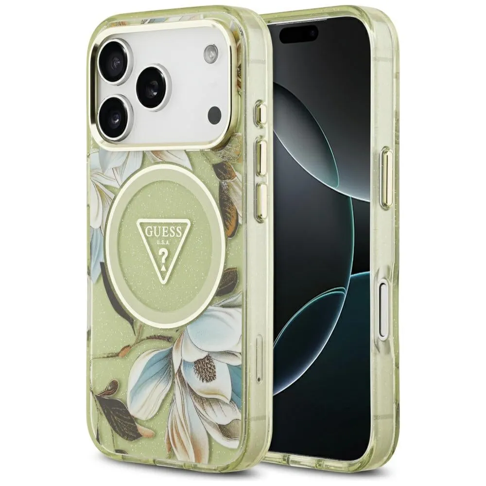 Custodia MagSafe per Apple iPhone 17 Pro, Guess, IML Metal Glitter Flowers Triangle, Verde - immagine 1