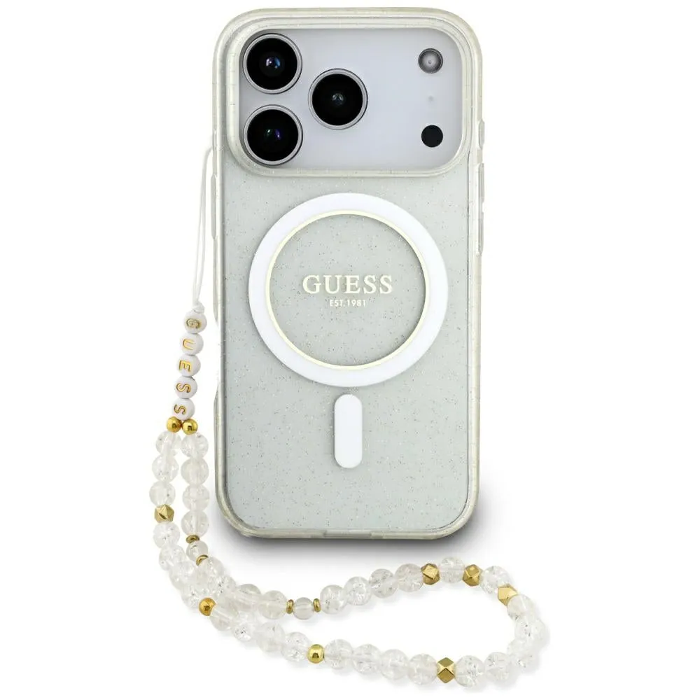 Custodia MagSafe per Apple iPhone 17 Pro Max, Guess, IML Glitter con Cinturino di Perle, Trasparente - immagine 1