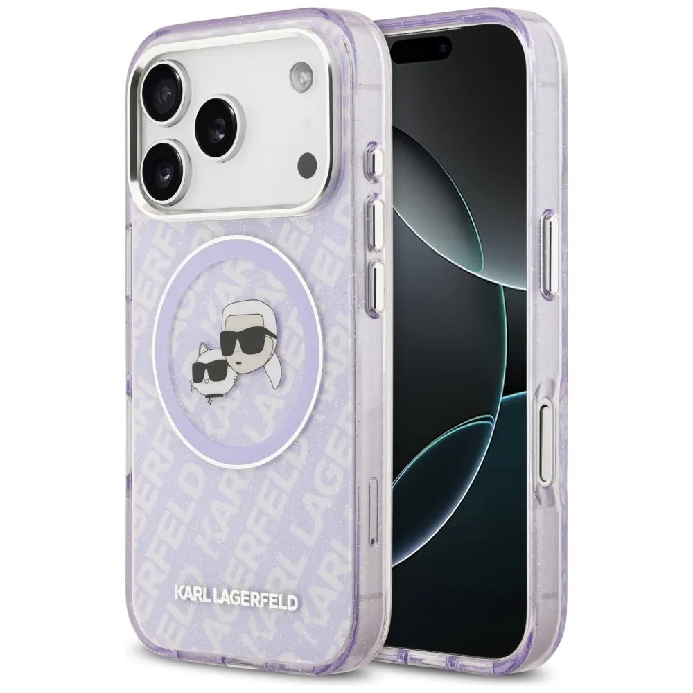 Custodia MagSafe per Apple iPhone 17 Pro Max, Karl Lagerfeld, IML Glitter Karl & Choupette's Heads, Viola - immagine 1