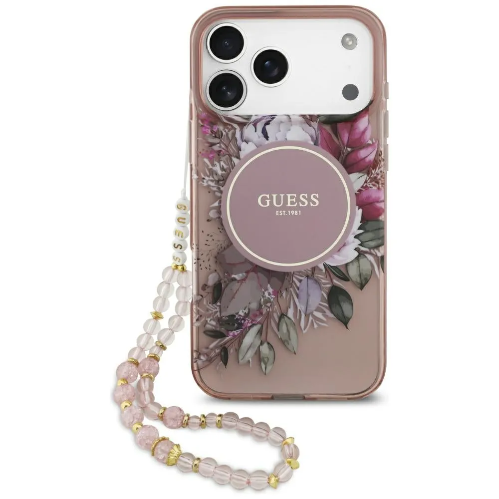 Custodia MagSafe per Apple iPhone 17 Pro Max, Guess, IML Flowers with Pearl Strap, Rosa - immagine 1