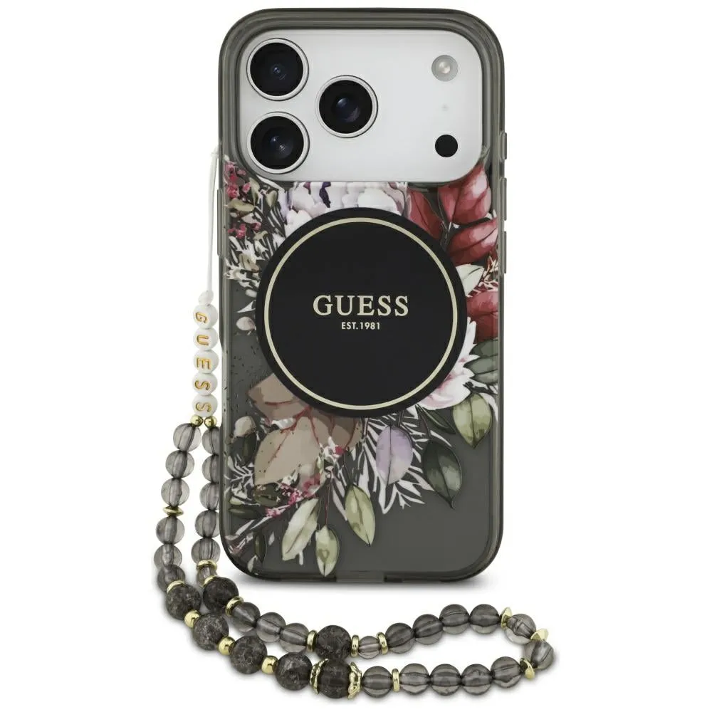 Custodia MagSafe per Apple iPhone 17 Pro, Guess, IML Flowers with Pearl Strap, Nera - immagine 1