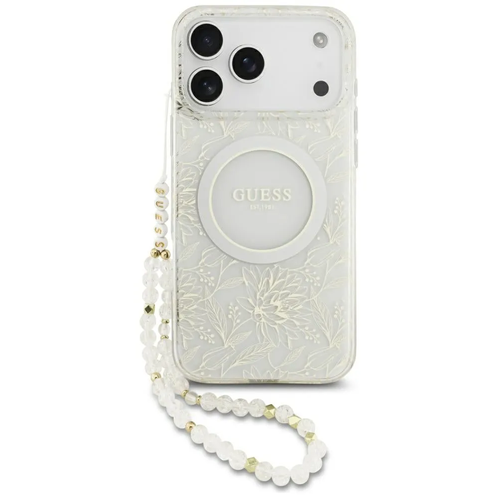 Custodia MagSafe per Apple iPhone 17 Pro Max, Guess, IML Flowers Allover Electroplated with Pearl Strap, Bianca - immagine 1