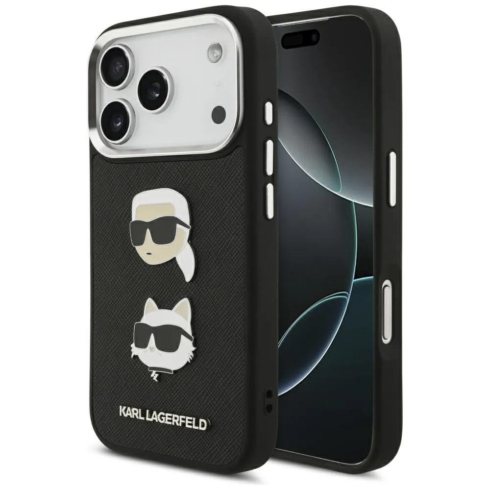Custodia per Apple iPhone 17 Pro, Karl Lagerfeld, Grained Karl & Choupette's Heads Pins and Logo, Nera - immagine 1