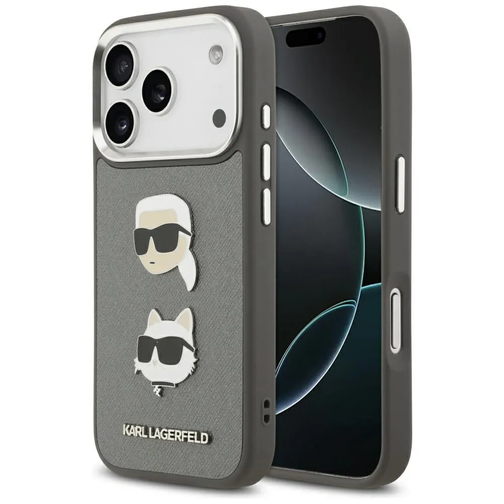 Custodia per Apple iPhone 17 Pro, Karl Lagerfeld, Grained Karl & Choupette's Heads Pins and Logo, Grigio - immagine 1