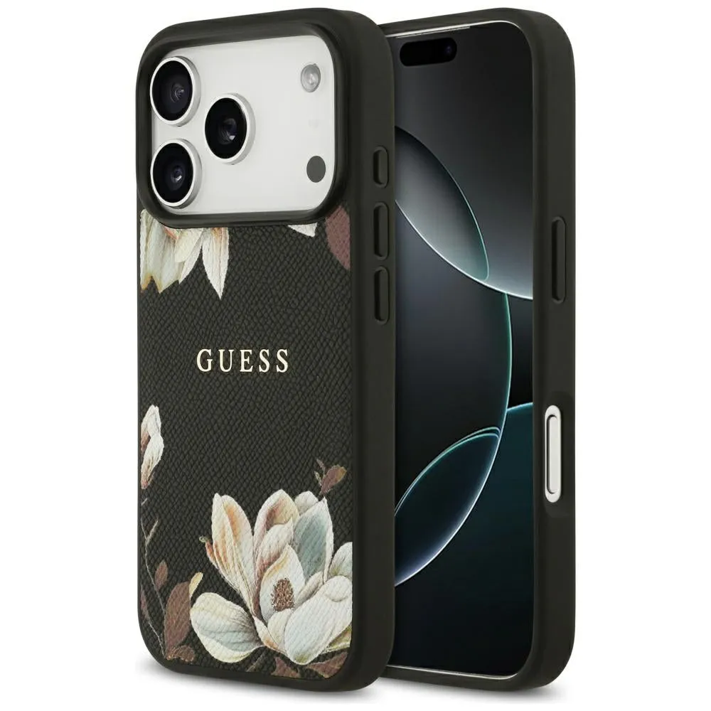 Custodia MagSafe per Apple iPhone 17 Pro, Guess, Grained Flowers, Nera - immagine 1