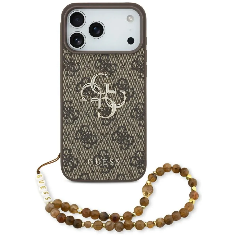Custodia per Apple iPhone 17 Pro Max, Guess, 4G Classic Logo con Cinturino di Perle, Marrone - immagine 1