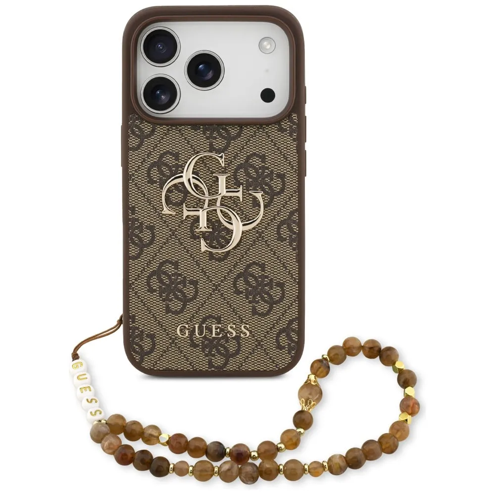 Custodia per Apple iPhone 17 Pro, Guess, 4G Classic Logo con Cinturino di Perle, Marrone - immagine 1