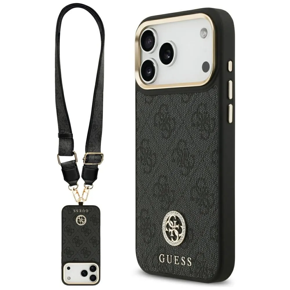 Custodia MagSafe per Apple iPhone 17 Pro Max, Guess, 4G Strass Logo con Grande Cinturino, Nera - immagine 1