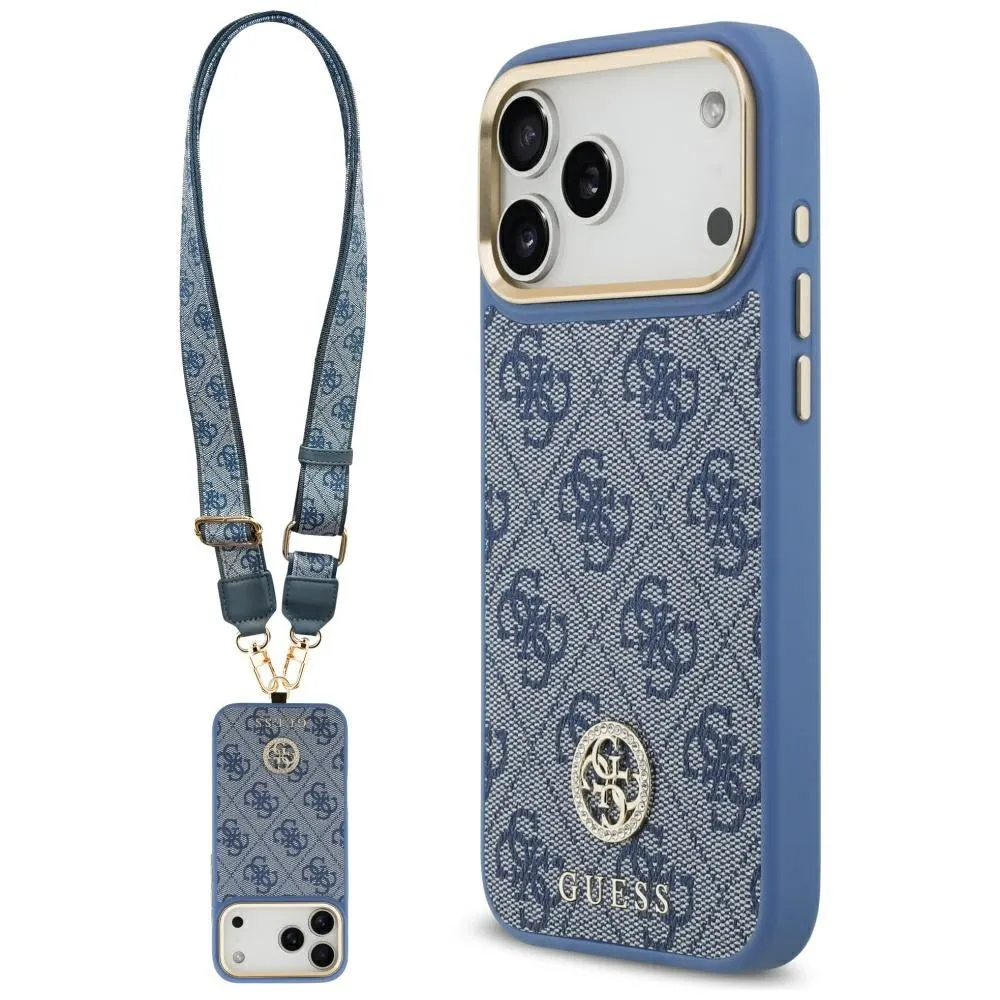 Custodia MagSafe per Apple iPhone 17 Pro Max, Guess, 4G Strass Logo con Grande Cinturino, Blu - immagine 1